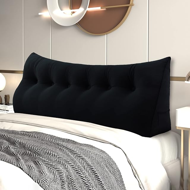 Johnear Wedge Headboard Large Bolster Pillow Reading Pillows for Sitting in Bed Adult Velvet Triangular Cushion Backrest Lumbar Back Support Upholstered Daybed Sit Up Book PillowsBlack, Cal-King