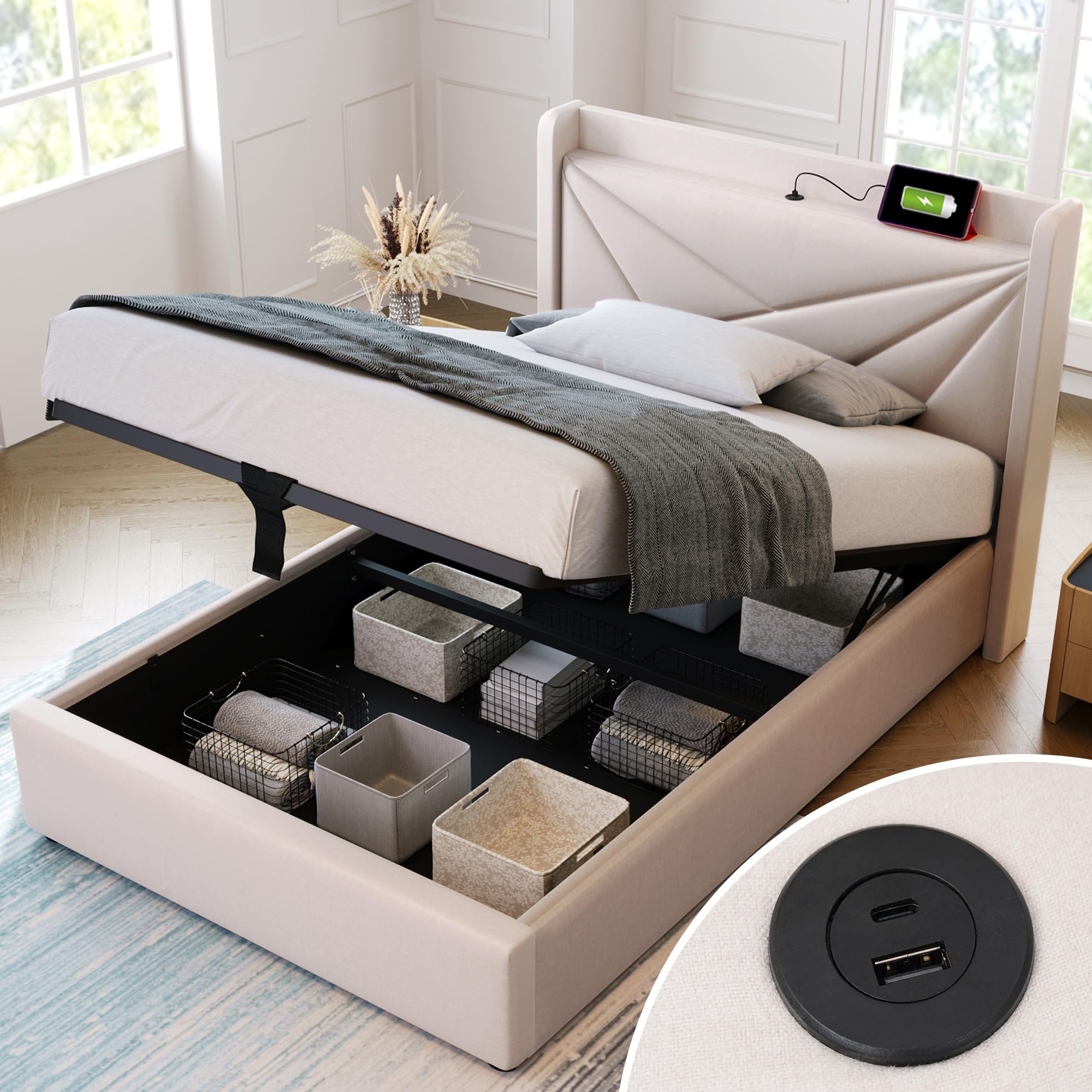 Letto imbottito 90 x 200 cm, letto singolo con cassetta, effetto lino e stazione di ricarica USB, letto funzionale con vano portaoggetti, rete a doghe e design moderno testiera