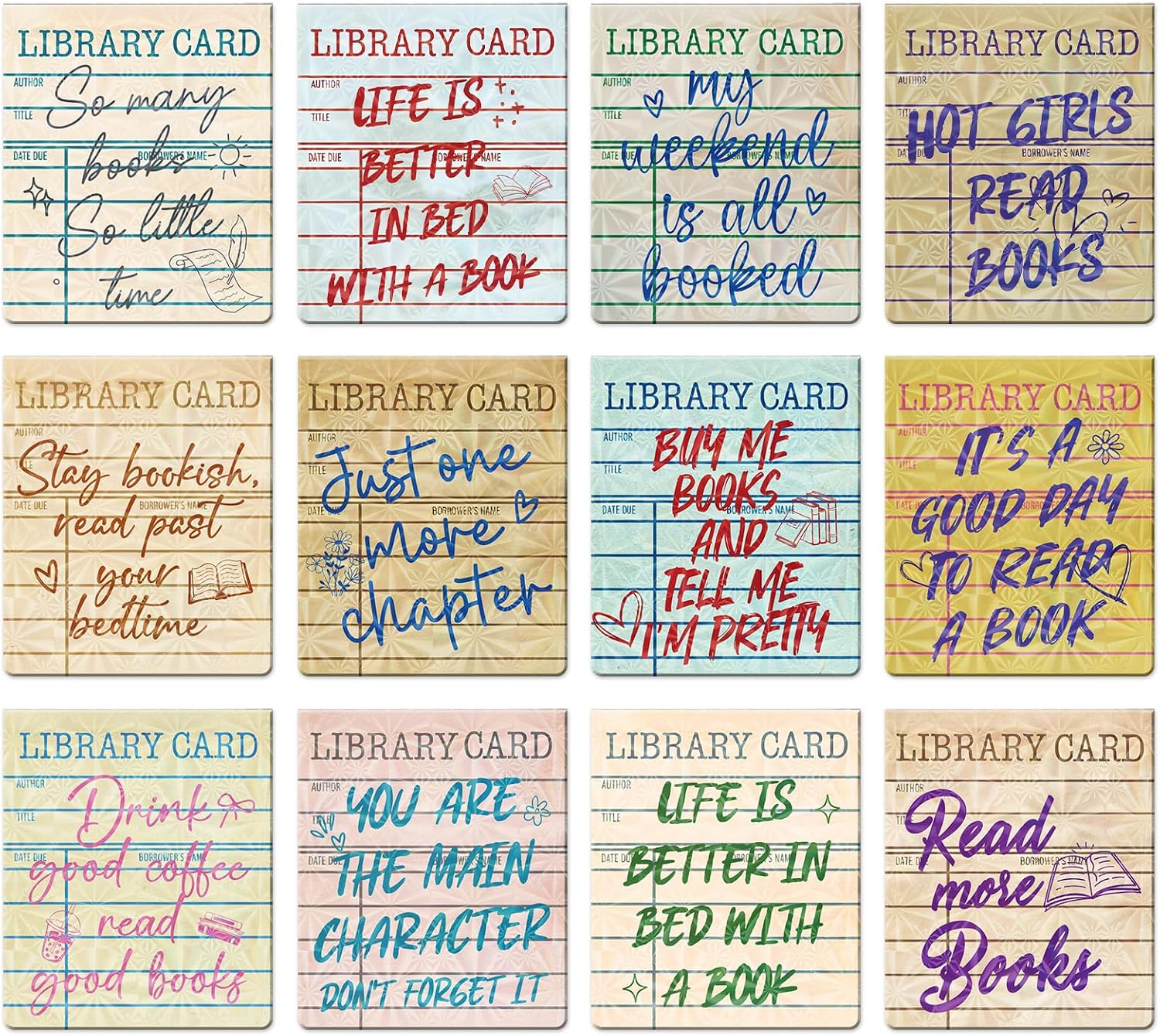 Holographic Magnetic Bookmark Gifts - 12 Pcs Vintage Library Card Book Mark Magnet Glitter Reading Tracker Page Clips Marker Gift for Women Book Lovers Bookish School Office Supplies