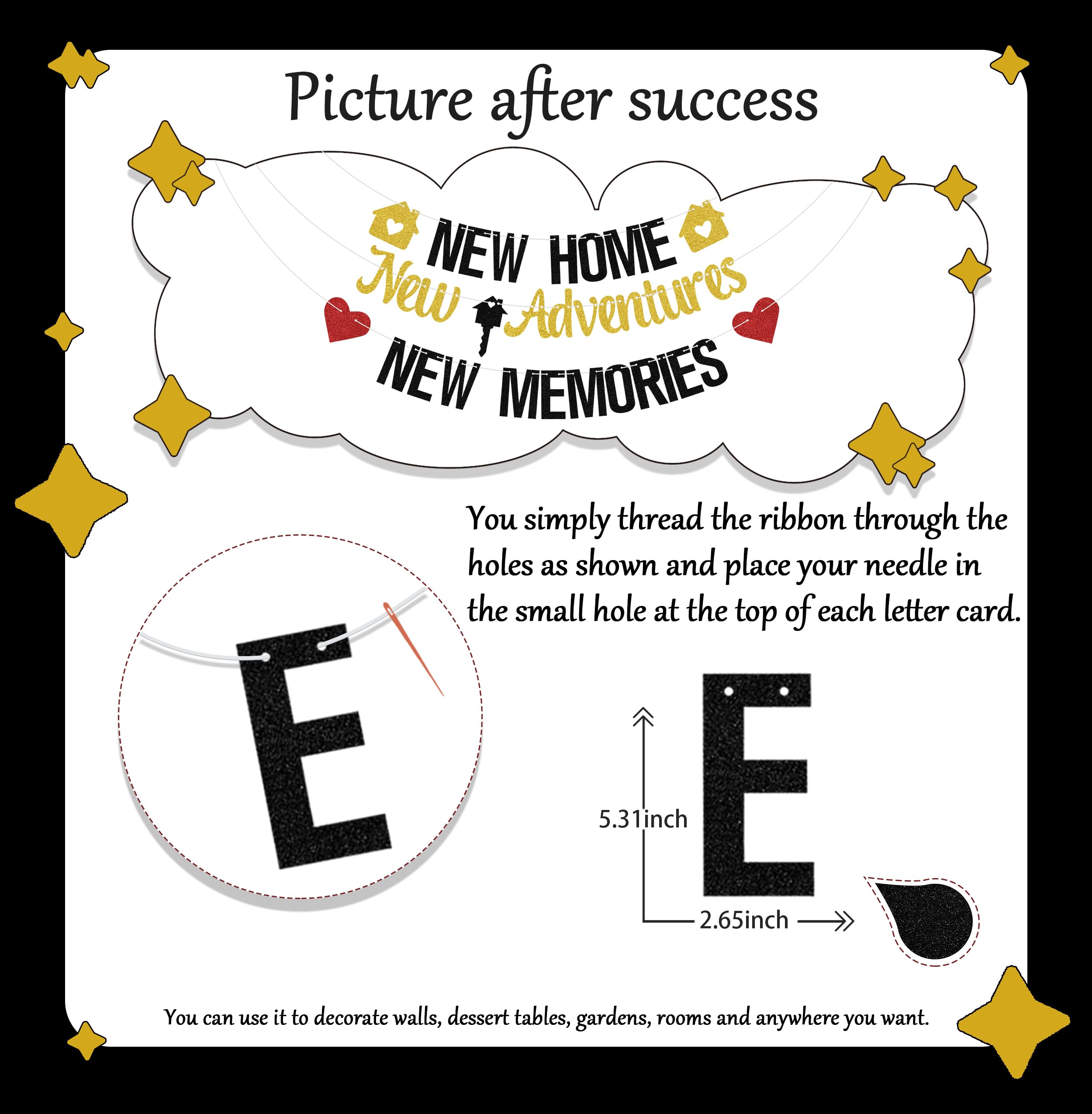 New Adventures New Memories Banner - Housewarming Decorations, Welcome Home Party for Family & Friends - Black Glitter - Image 2