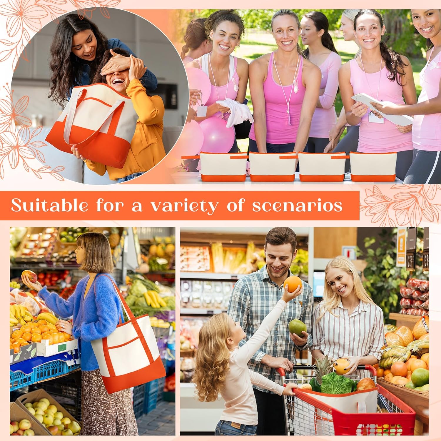 Sanwuta Canvas Tote Bags Bulk with Outer Pocket and Makeup Pouch 18'' Reusable Grocery Bags with Handles for Women Beach DIY