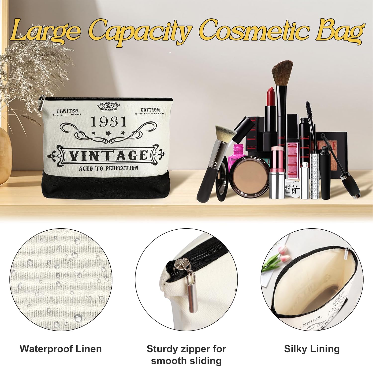 YeohJoy 95th Birthday Gifts for Her Canvas Tote Bag Travel Gear, Unique 95 Years Old Birthday Gifts for Mom Wife Aunt Friends Her, Vintage 1931 Handbag & Makeup Bag & 95th Greeting Card - Image 4