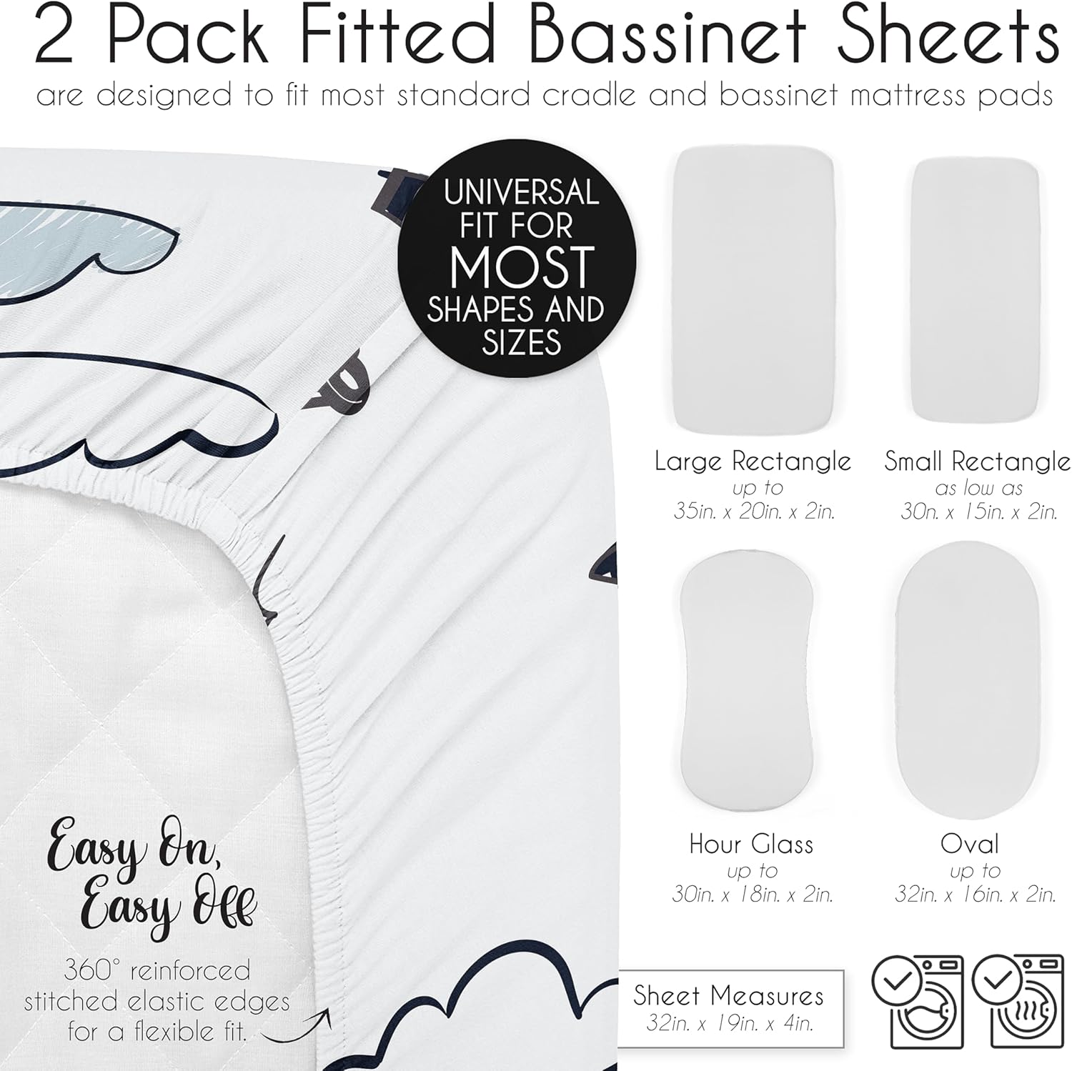 Sweet Jojo Designs 2-Piece Baby Bassinet Sheets Set (Vintage Airplane) for Boys, Infant Newborn Nursery, Oval, Rectangle & Hourglass Mattress (Blue Clouds & Air Plane Transportation, Aviator Aviation)