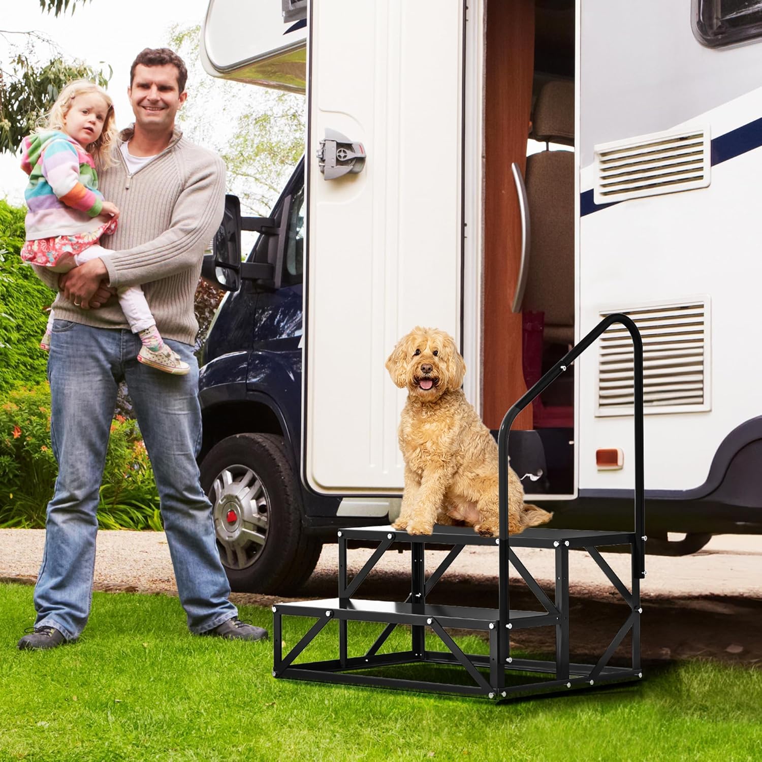 YITAHOME RV Stairs with Handrail 4 Step, Outdoor Hot Tub Stair with Cuttable Anti-Slip Mats, Alloy Steel Portable Economy 5th Wheel RV Ladder Step for Travel, Camper, Mobile Home, Porch, Spa