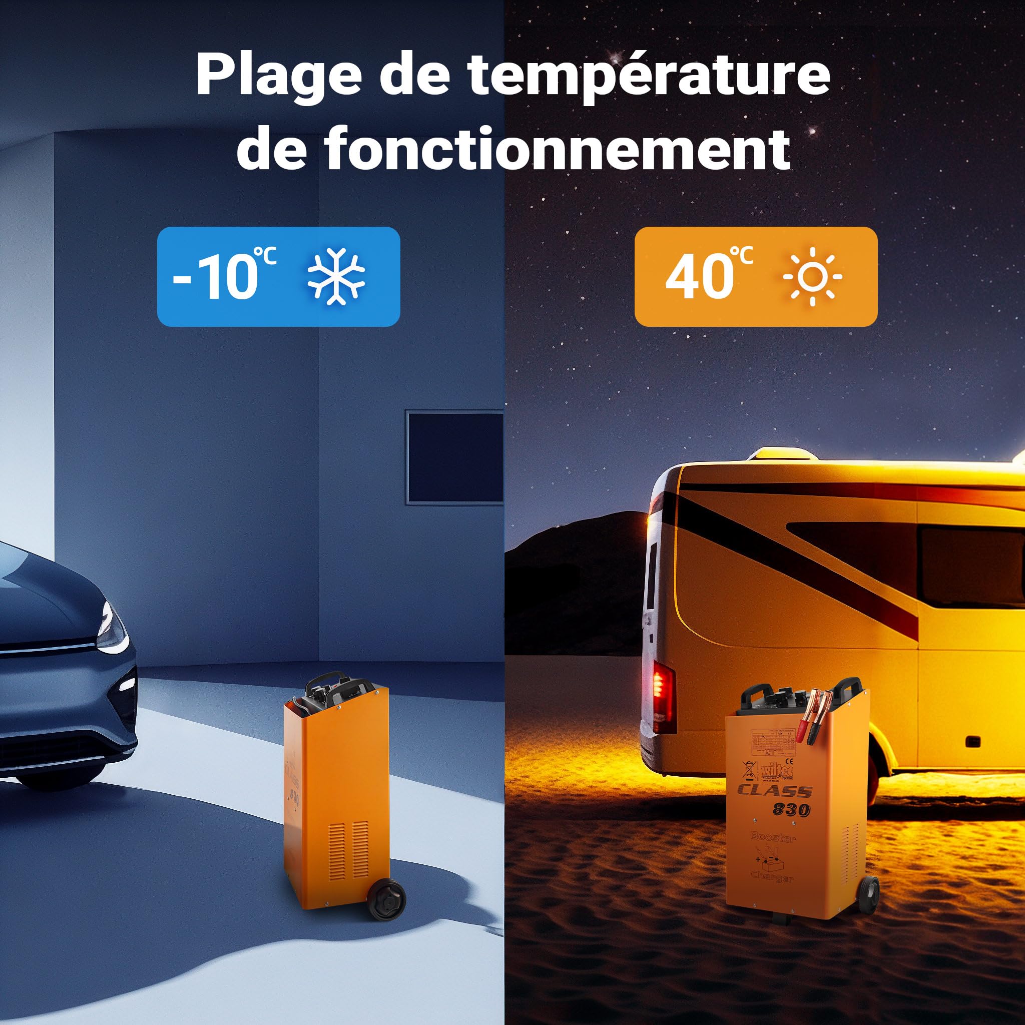 Wiltec Chargeur de Batterie 12 V/24 V Boost 830 – Puissance 1100-2200 W – pour Batteries 50-900 Ah – Chargement Rapide de Bus, Motos, camions, Voitures