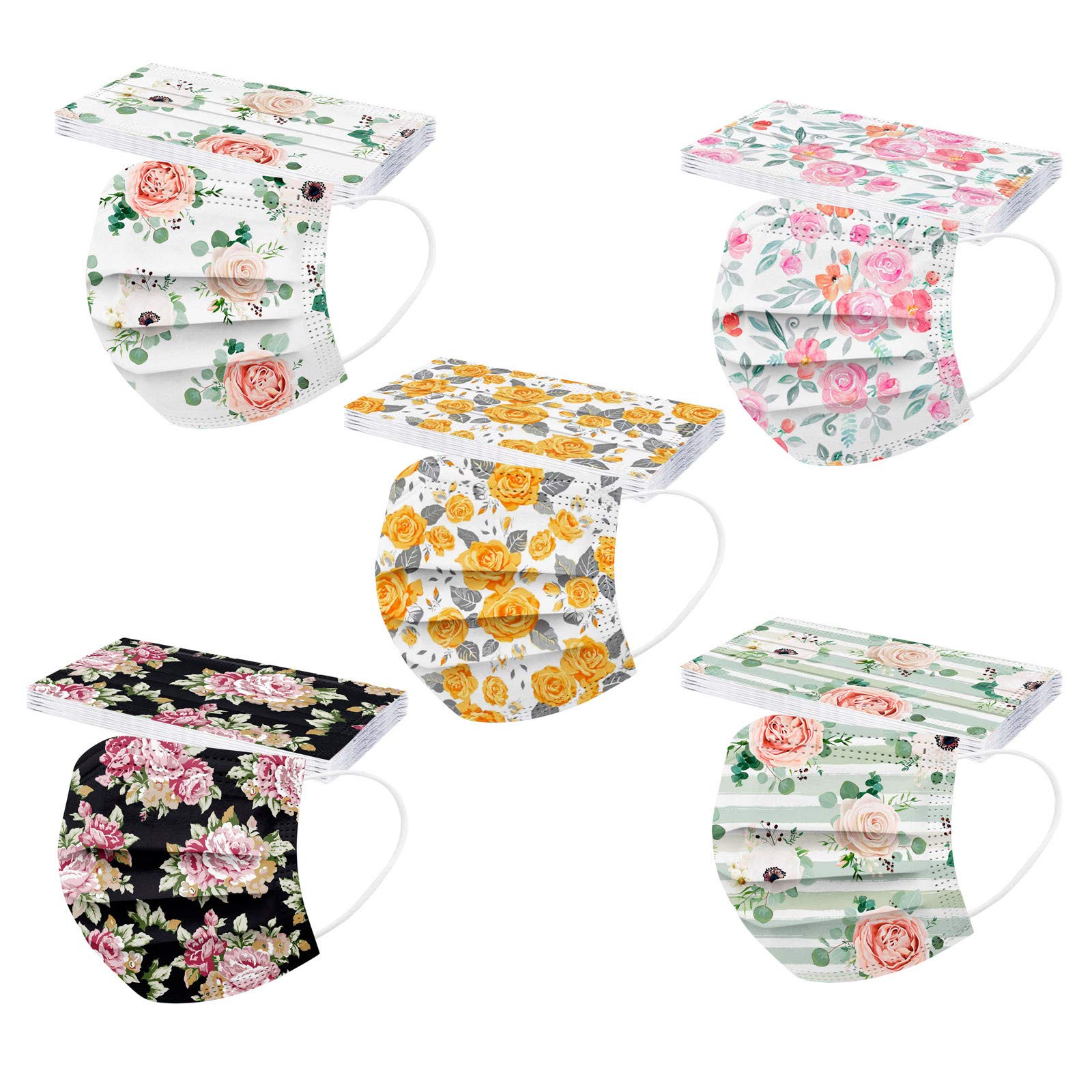IsMoon 50pcs Disposable_Face 𝓶𝓪𝓼𝓴 for Women 3 Ply Comfort Breathable Multicolor Rose Floral Prints 𝓶𝓪𝓼𝓴 with Elastic Ear Strap for Women, 5 Styles