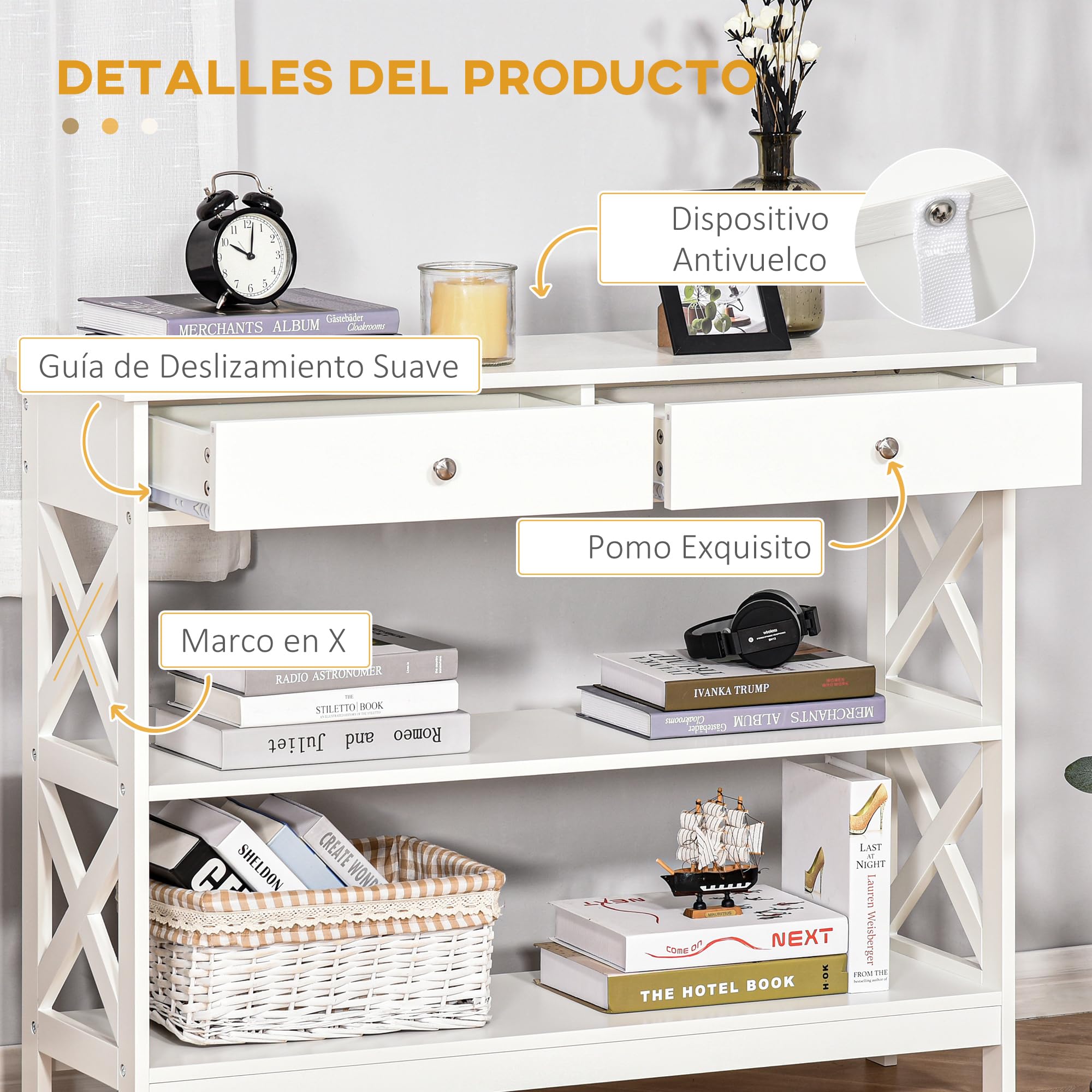 HOMCOM Mesa Consola de Entrada Recibidor 2 Cajones 100x30,5x80 cm Blanco | 2 Estantes Inferiores, Mueble Moderno, Base Elevada, Antivuelco