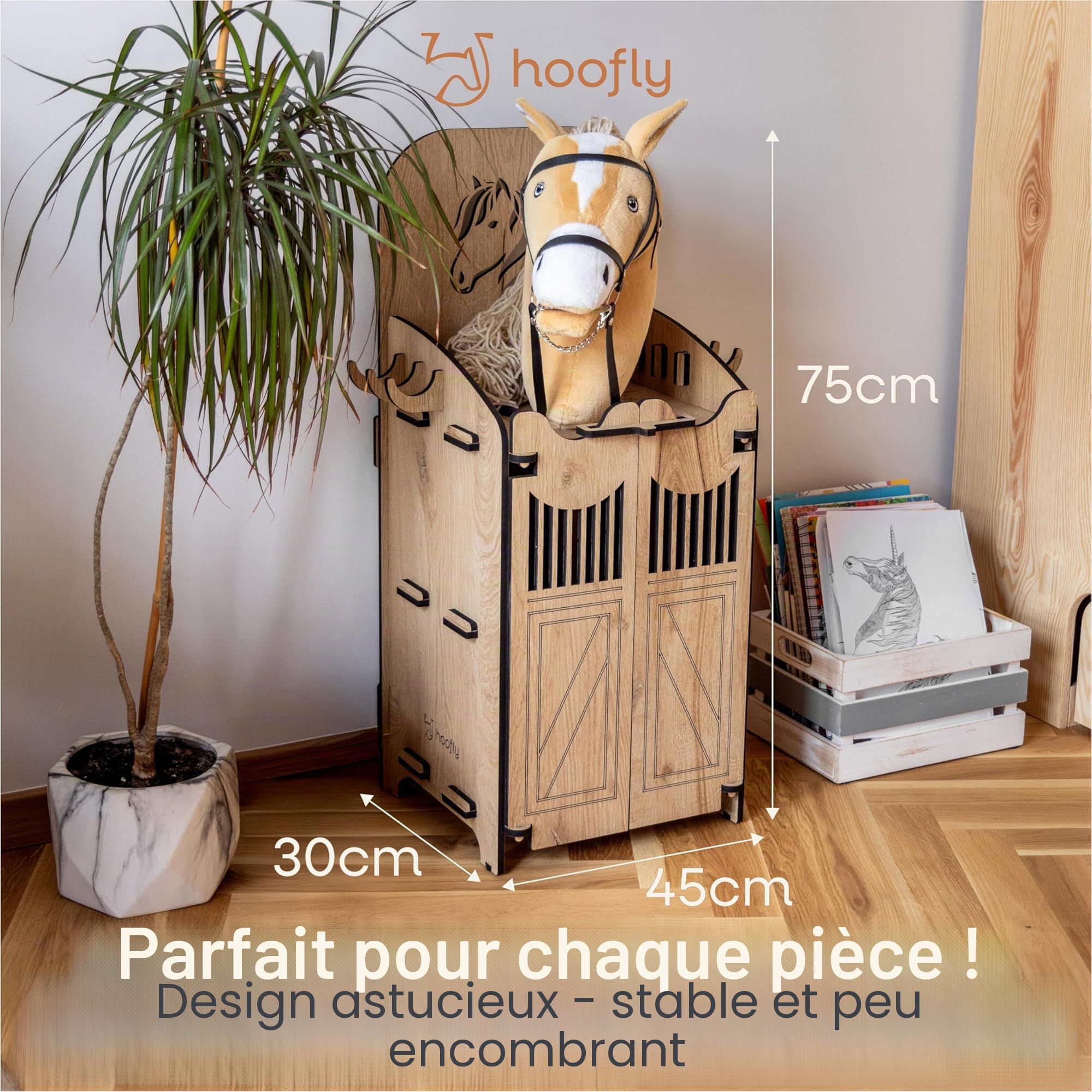 Hobby Horse Écurie – Accessoire Pratique avec Portes, Rangement & Crochets/Support Robuste pour Cheval bâton/Box en Bois pour 1 Hobby Horse