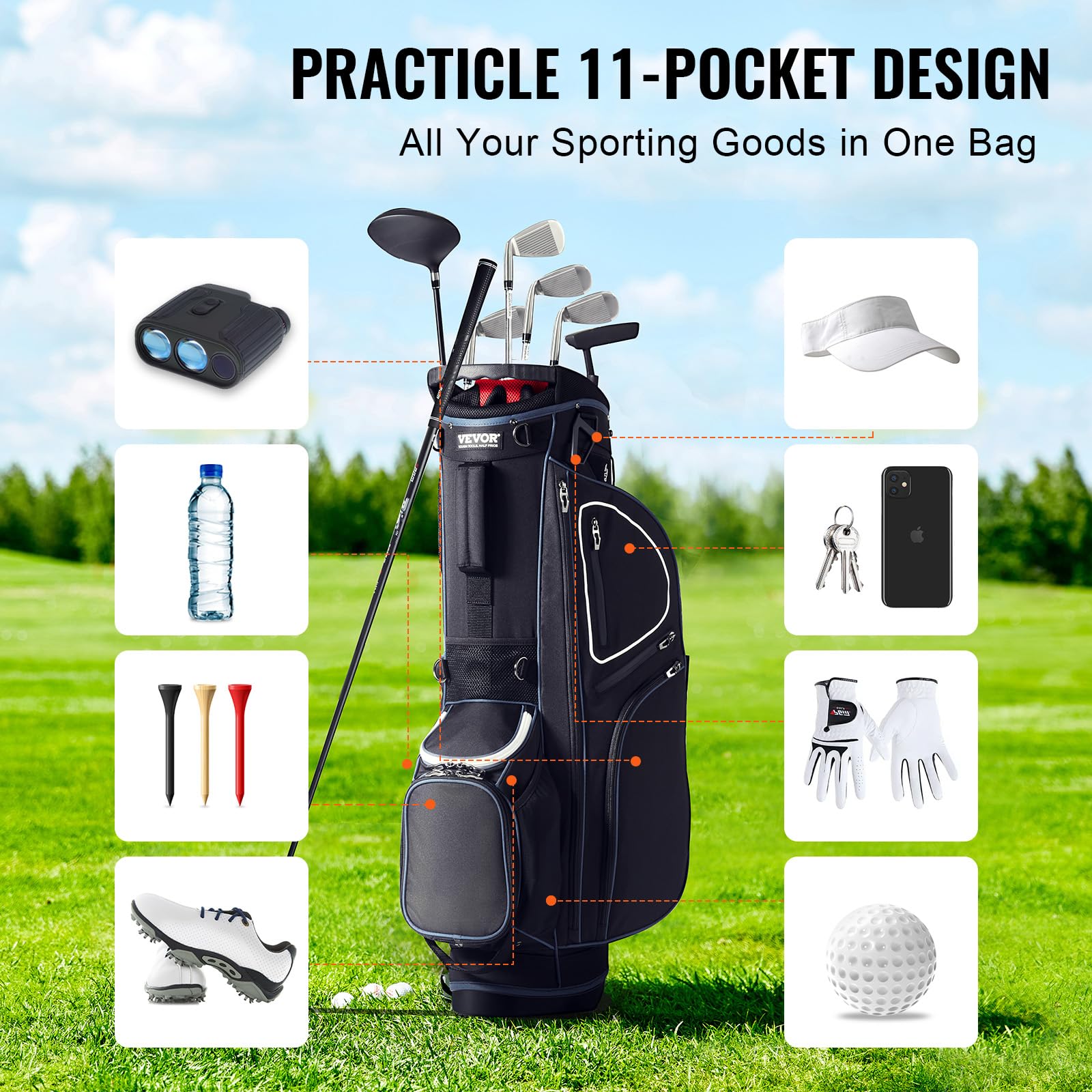 VEVOR Torba na wózek golfowy z 14-kierunkowym organizerem, torba na wózek premium ze stojakiem, trwałe torby golfowe z uchwytami i osłoną przeciwpyłową oraz odpinanym podwójnym paskiem dla mężczyzn i