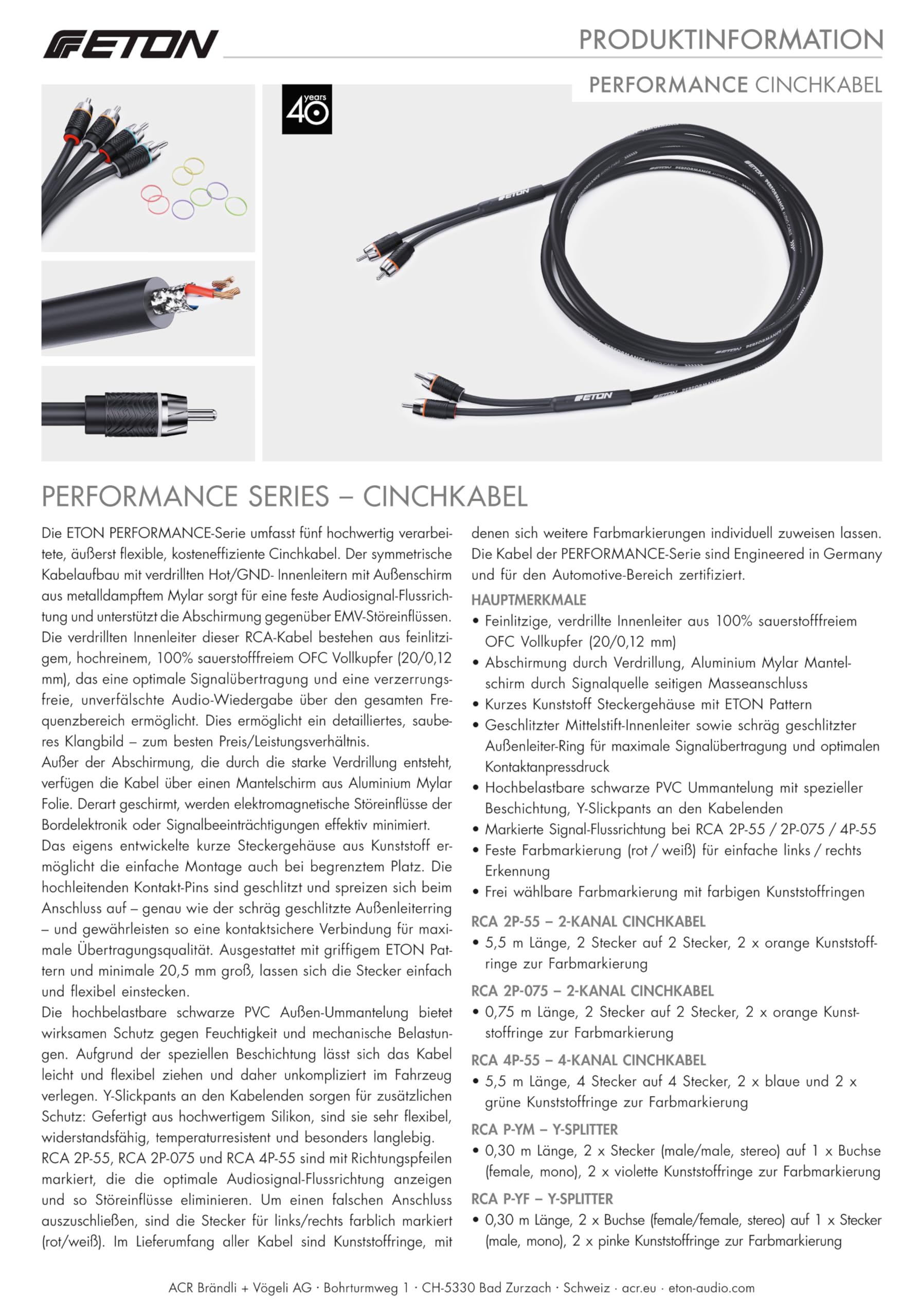 ETON Câble audio RCA 4P-55 - 4 canaux - 5,5 m de long - 4 fiches mâle vers 4 mâles - RCA vers RCA - Idéal pour amplificateur de voiture / radio