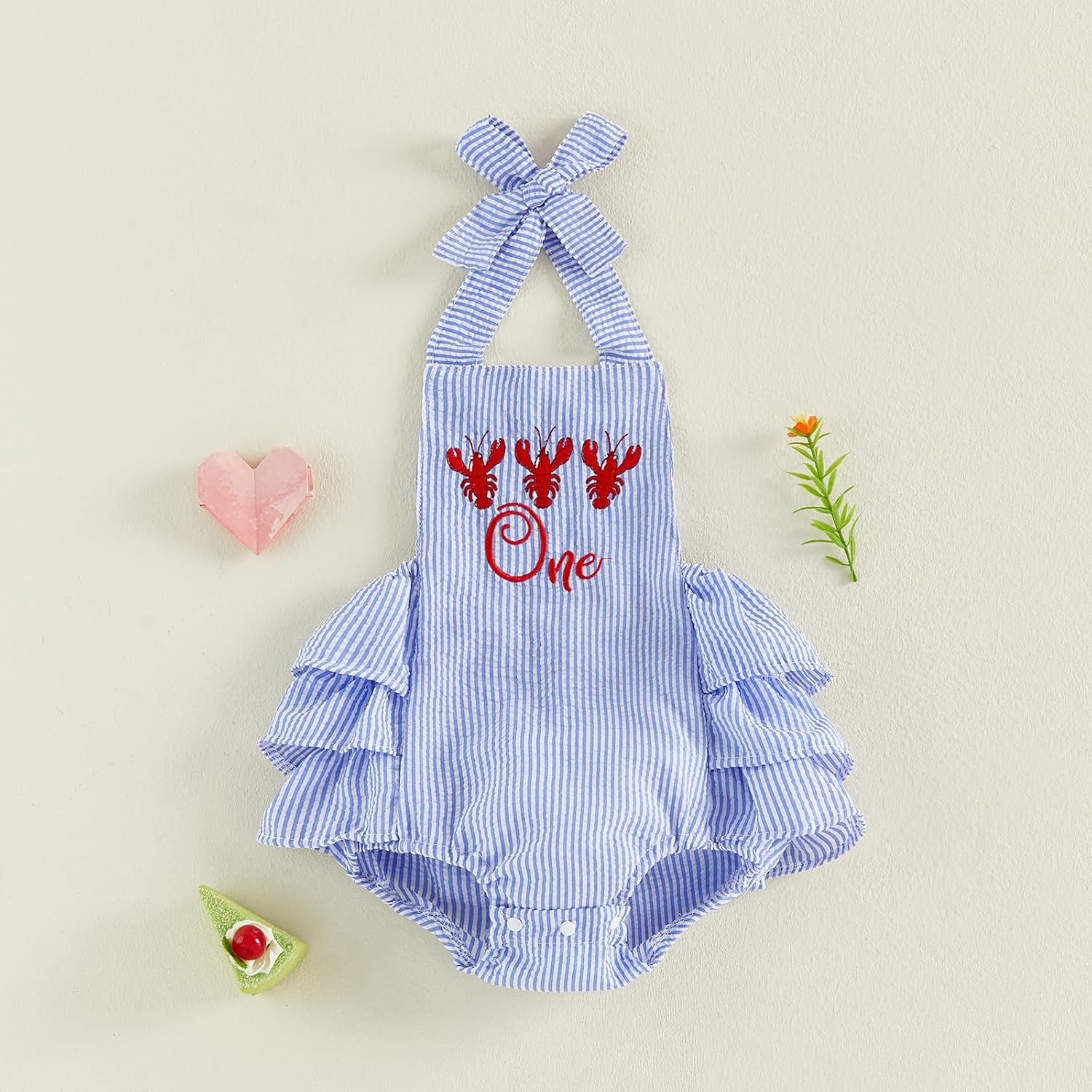 VISGOGO Baby Girl First Birthday Romper Striped Lobster One Embroidered Sleeveless Bodysuit One Year Old Clothes