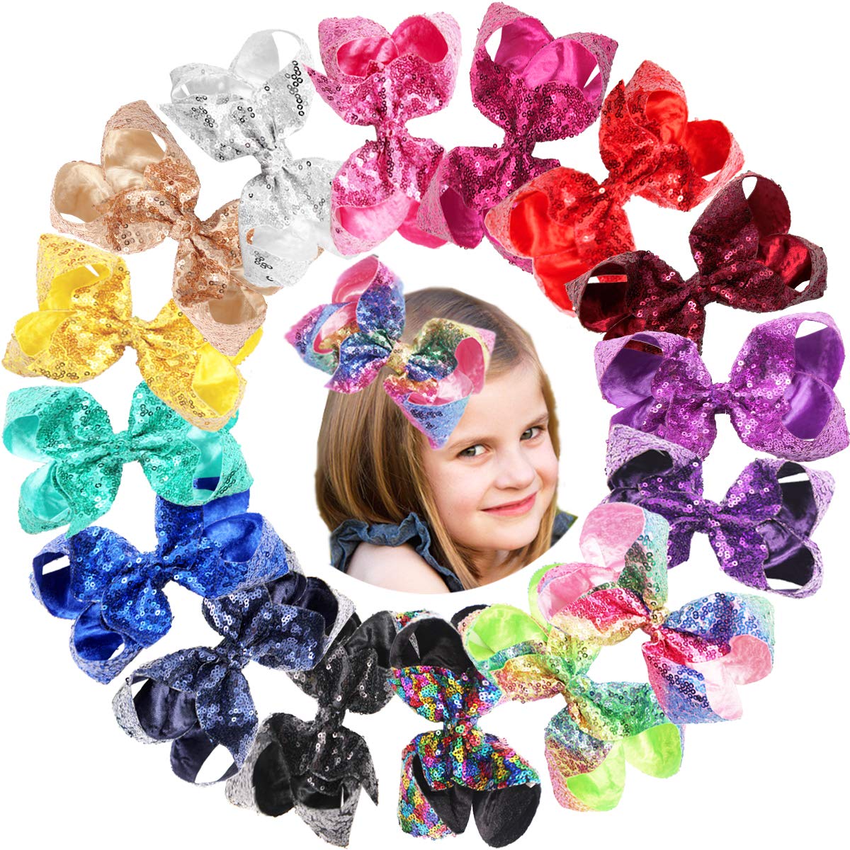 12Pack Sequin Hair Bows Clips 8Inch Large Big Sparkly Glitter Sequin Rainbow Bows Alligator Hair Clips Rainbow Hair Bows for Girls Toddlers Kids Children Teens