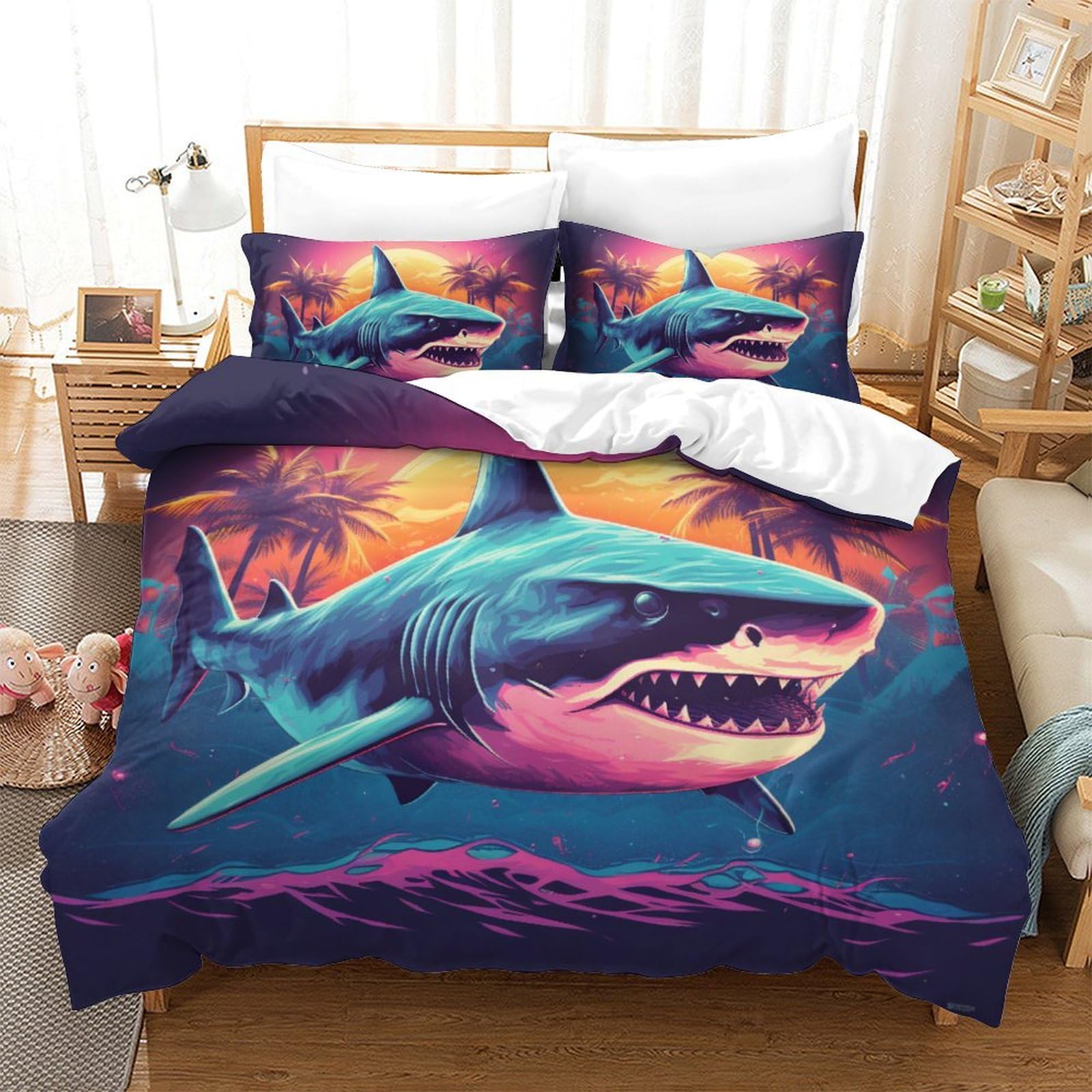 Parure housse de couette requin en microfibre douce king size avec taie d'oreiller