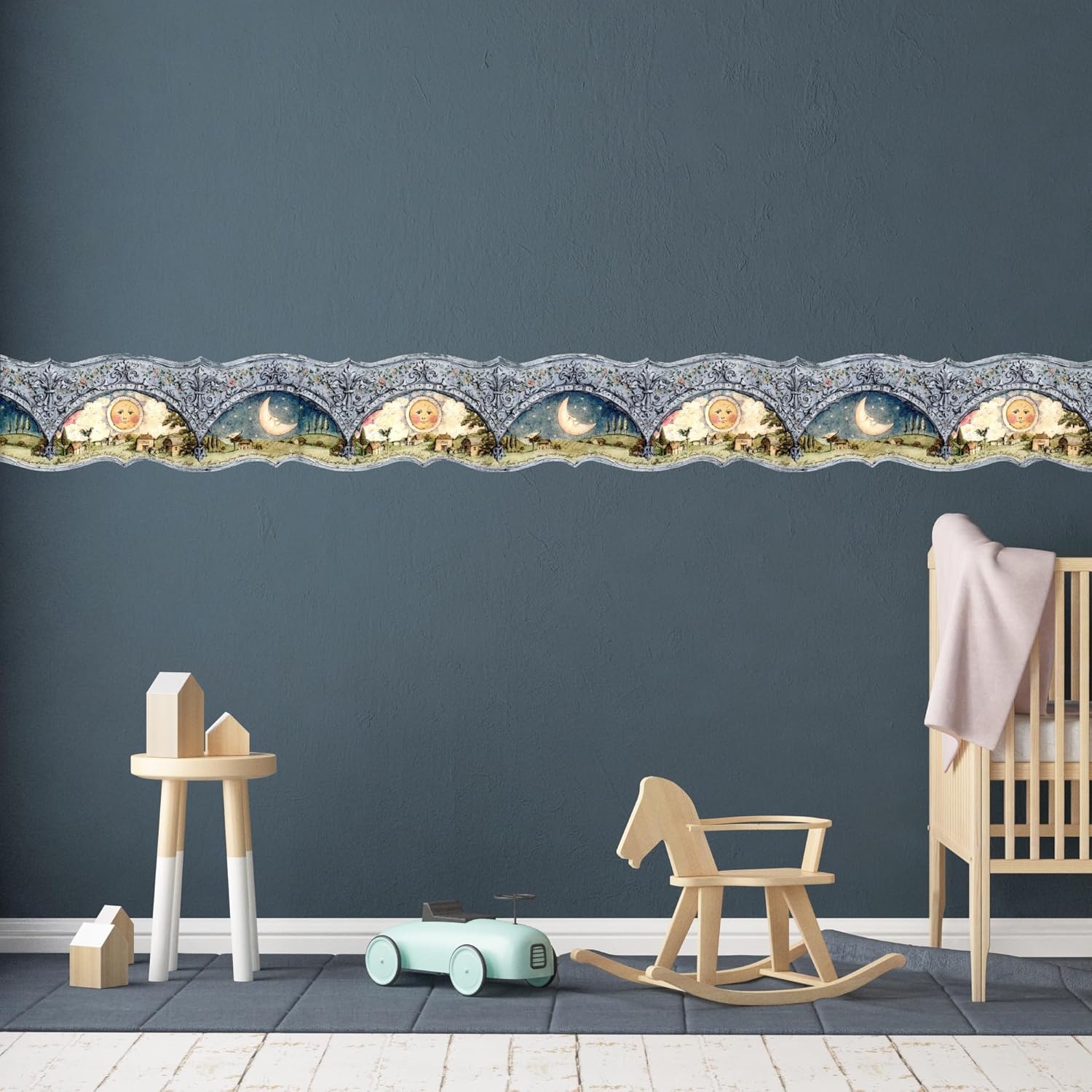 TRIMZ Celestial Wallpaper Border – Whimsical Sun & Moon, Scalloped Floral & Architectural Accents, Bedroom & Nursery Décor, Pre-Pasted, 15 Ft x 8 in.