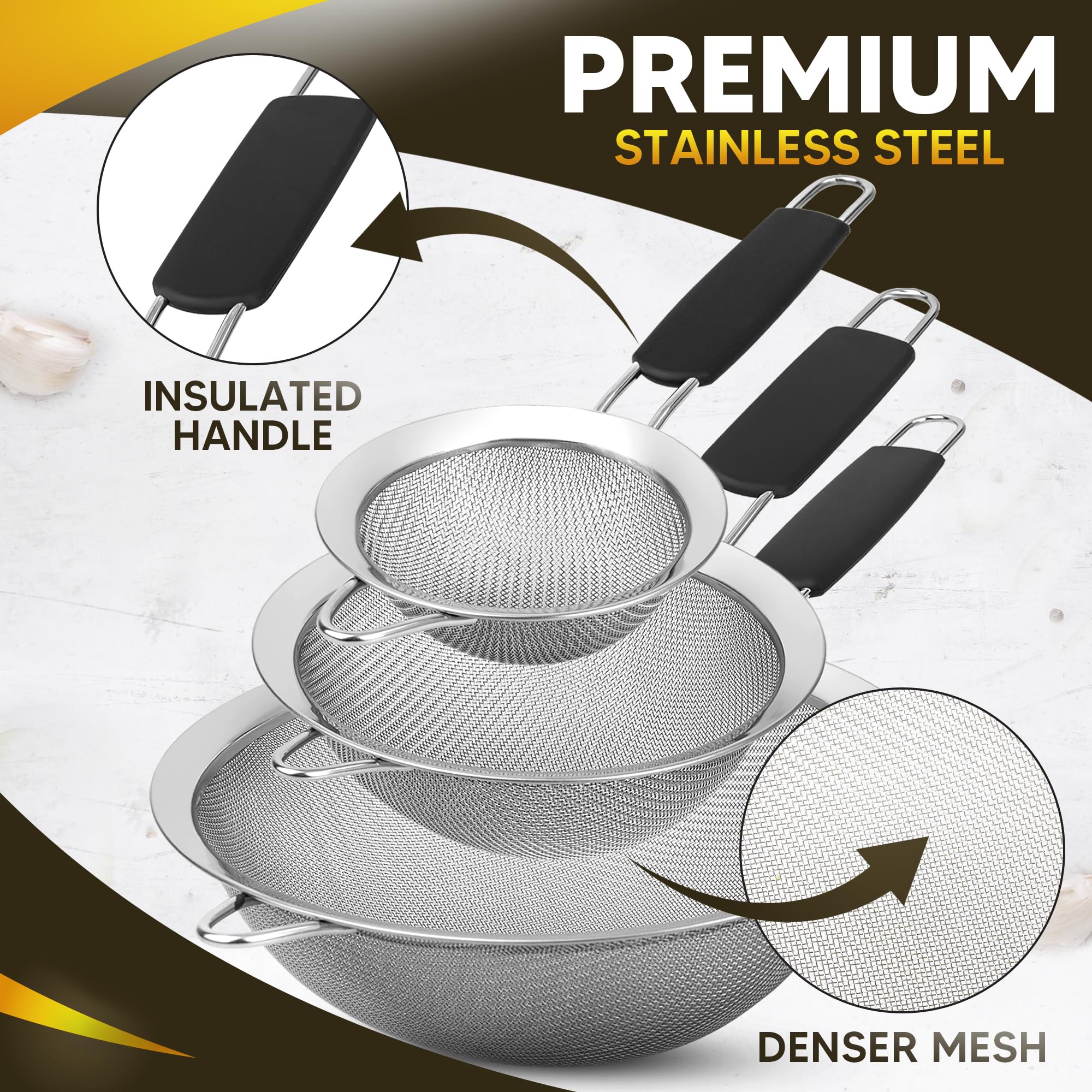 Set mit 3 feinmaschigen Sieben für die Küche | 8,6 cm, 14 cm und 20,1 cm Edelstahlsieb