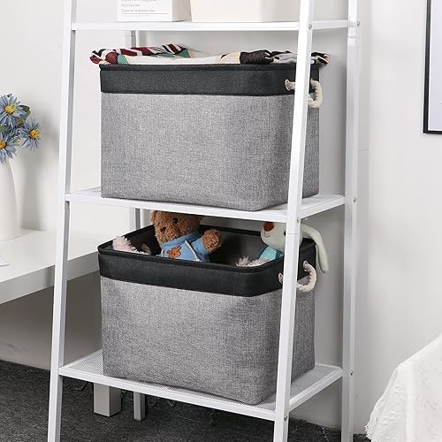 Miniatura 8 de Bidtakay Contenedores de almacenamiento de tela negra y gris, 2 grandes (16 x 11.8 x 11.8 pulgadas) + 3 medianos (15 x 11 x 9.5 pulgadas) para