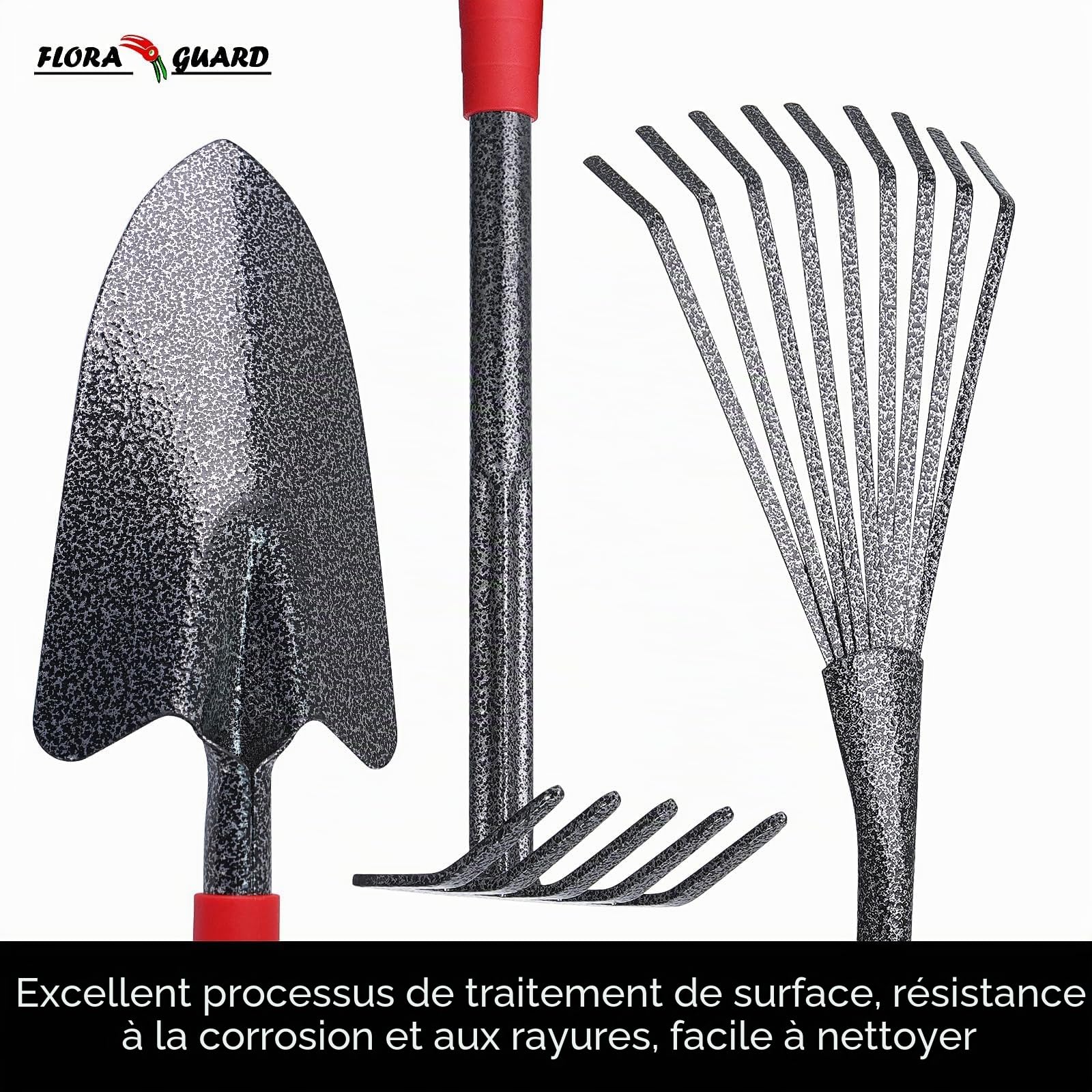 FLORA GUARD Outils de Jardinage 6 Pièces, Kit d'outils de Jardin en Acier Inoxydable avec Houe 2-en-1, Treulle, Râteaux, Couteau Désherbeur, Finition Martelée, pour Taille et Entretien