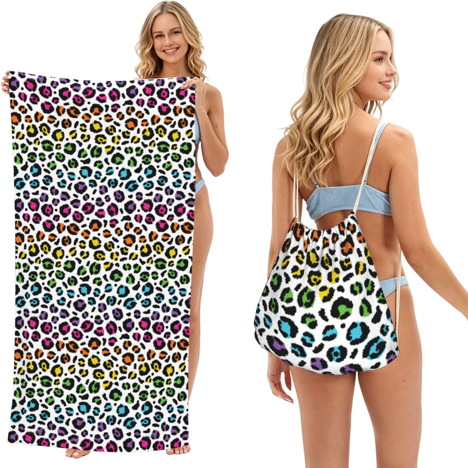 Poadnly As Picture Rainbow Leopard, 2 In 1 Packable Towel Bag, Beach Towels With Drawstring Backpack For Travel Holiday Camping