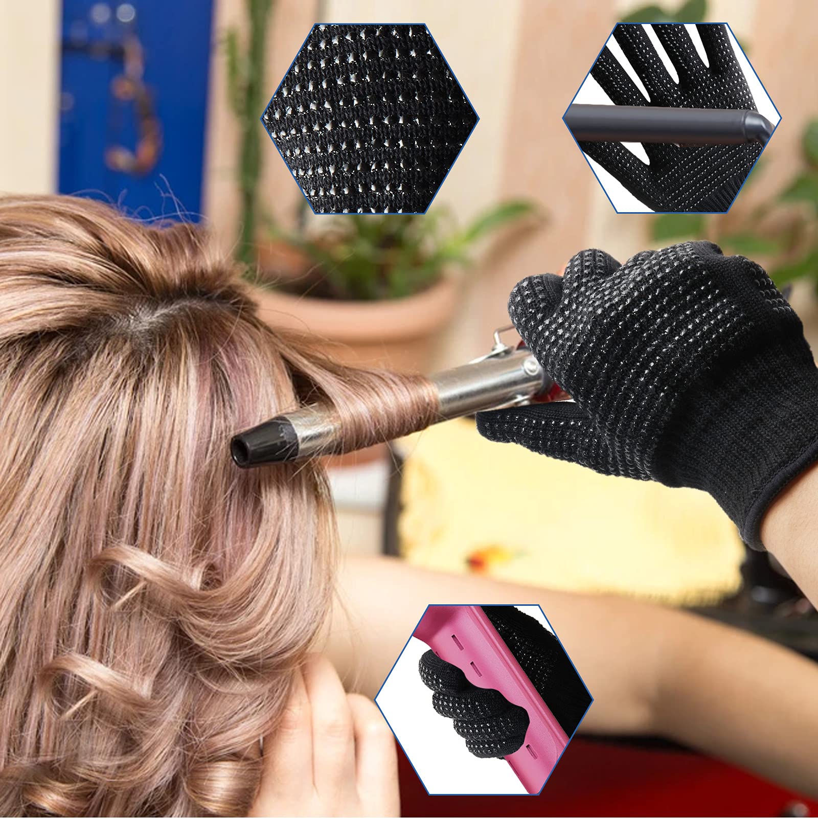 Guantes de calor para peinar el cabello, 2 guantes resistentes al calor con golpes de silicona, guantes profesionales a prueba de calor, bloqueo de calor para rizar, varita plana, herramientas de 5