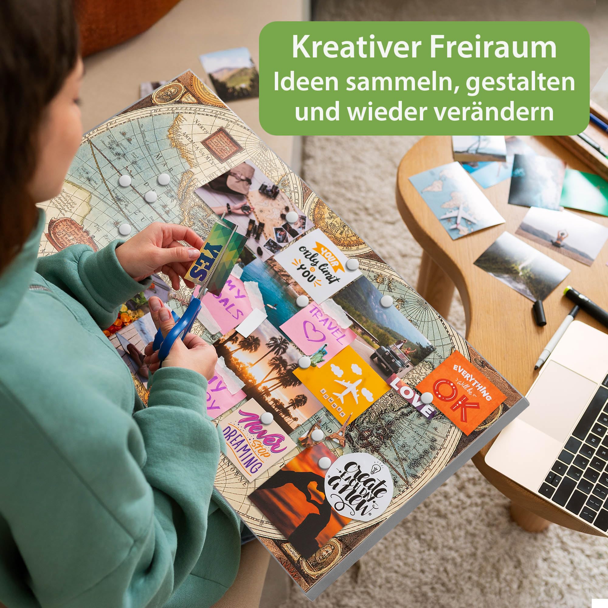 banjado Magnettafel Metall 78 x 37cm - beschreibbare Magnettafel - Metall Pinnwand als Memoboard - Magnetwand Küche, Büro, Kinderzimmer Grau inkl. 4 Magnete & Montageset - Motiv Historische Weltkart