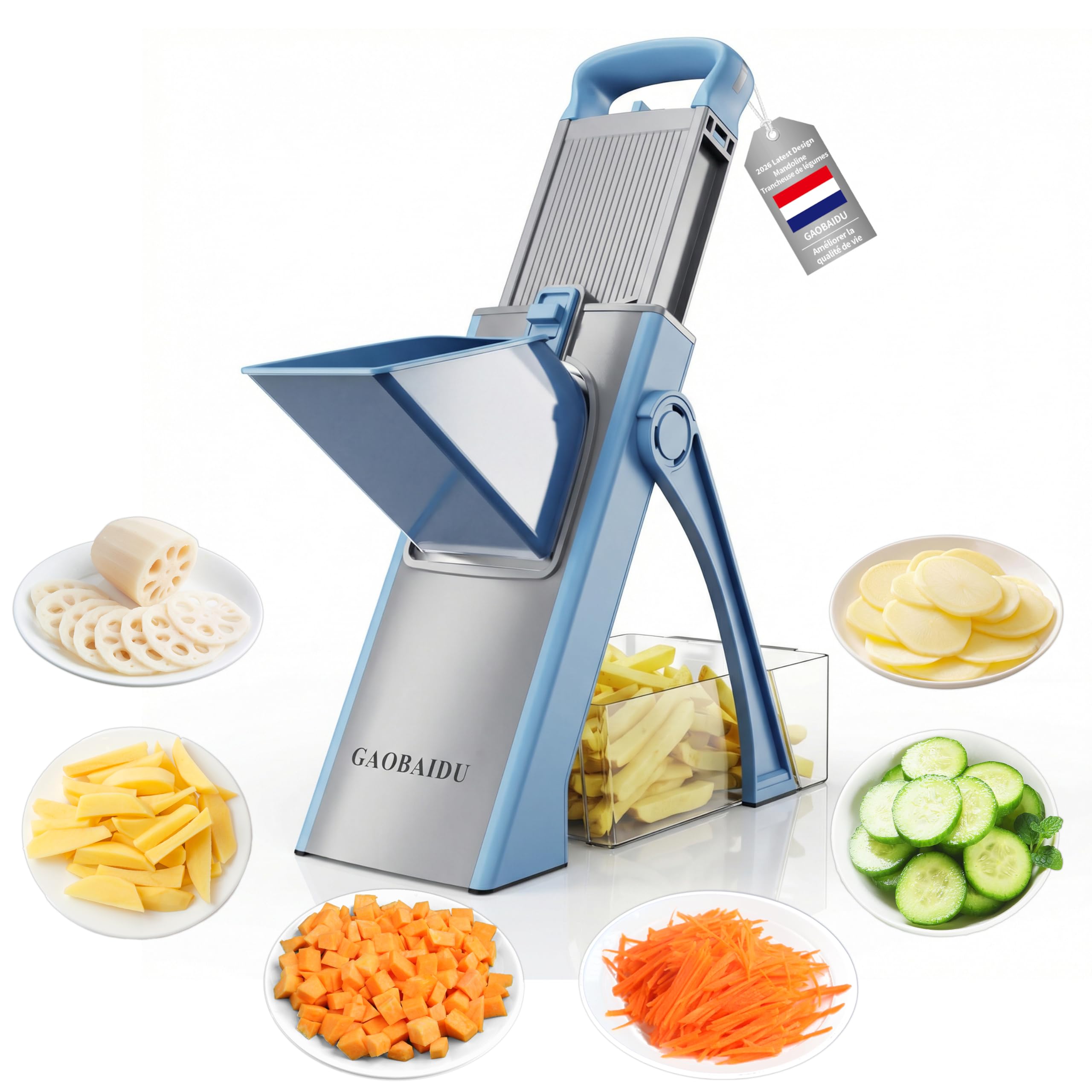 Mandoline de Cuisine Safety Slicer Manuelle Multifonction Tous Coupe Légumes Lame en Acier Inoxydable, Coupe Légumes en Julienne, Cubes et Patate Frite (bleu grand)