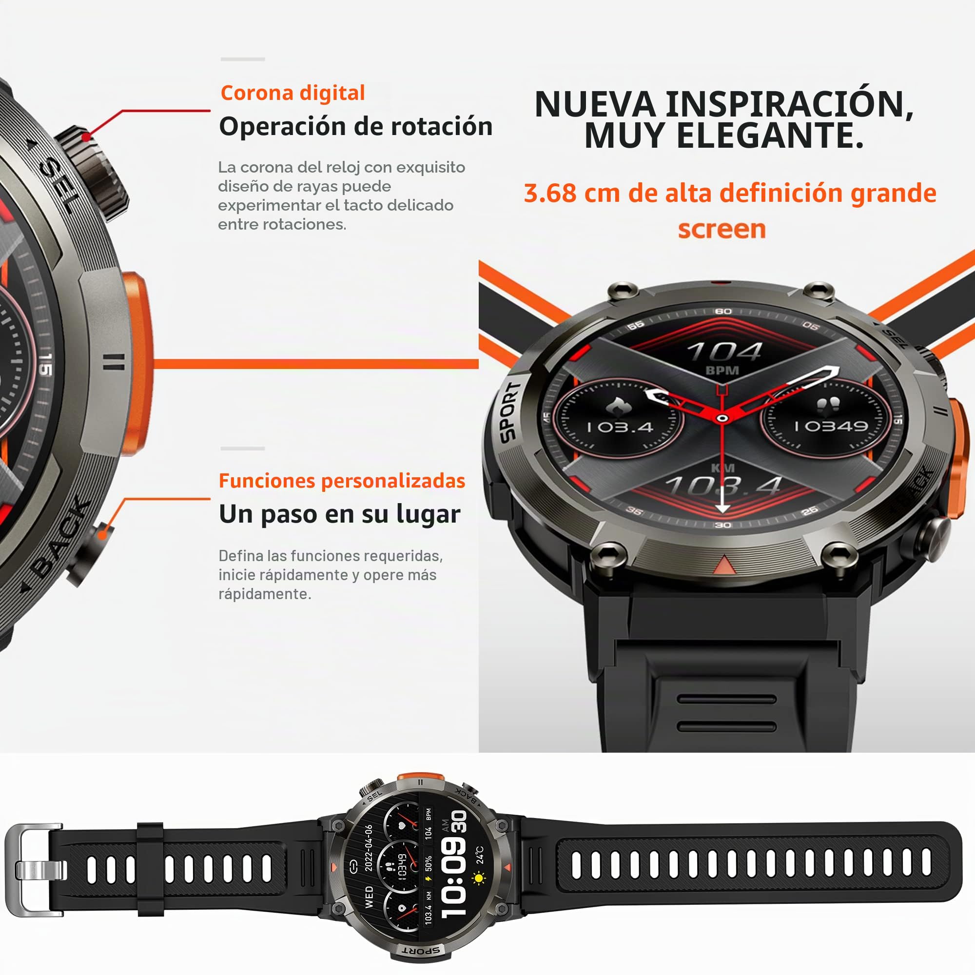 Reloj Inteligente Hombre con Llamadas,1,45 Pulgada Smartwatch Deportivo con Linterna Podometro Pulsometro SpO2 Sueño Presion Arterial Pulsera Actividad 5ATM Reloj Digital para iOS Android(3 Correas)