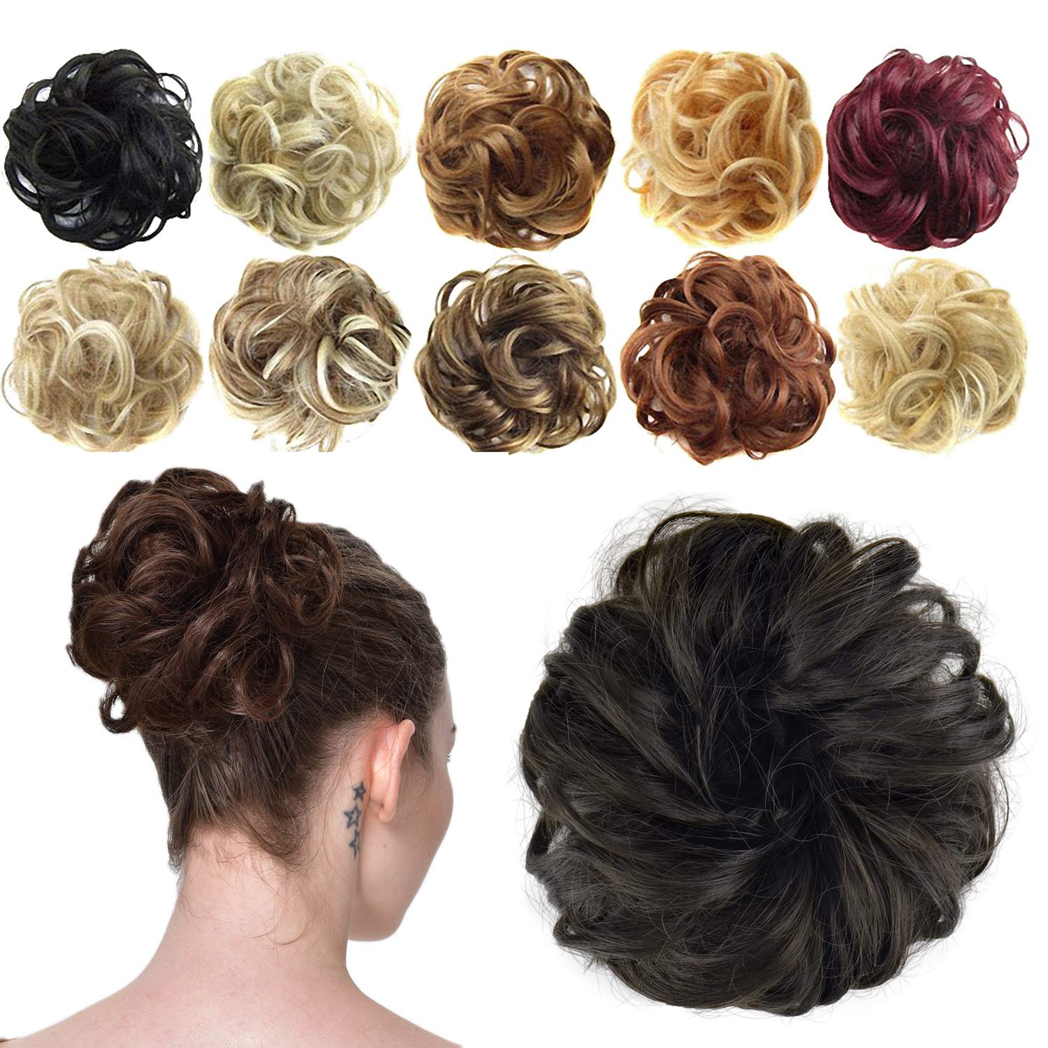 FESHFEN Scrunchy Scrunchie Hair Bun Updo Ribbon Ponytail Extension Wavy Curly Messy Donut Chignons Piece Wig-J2# Darkest Brown