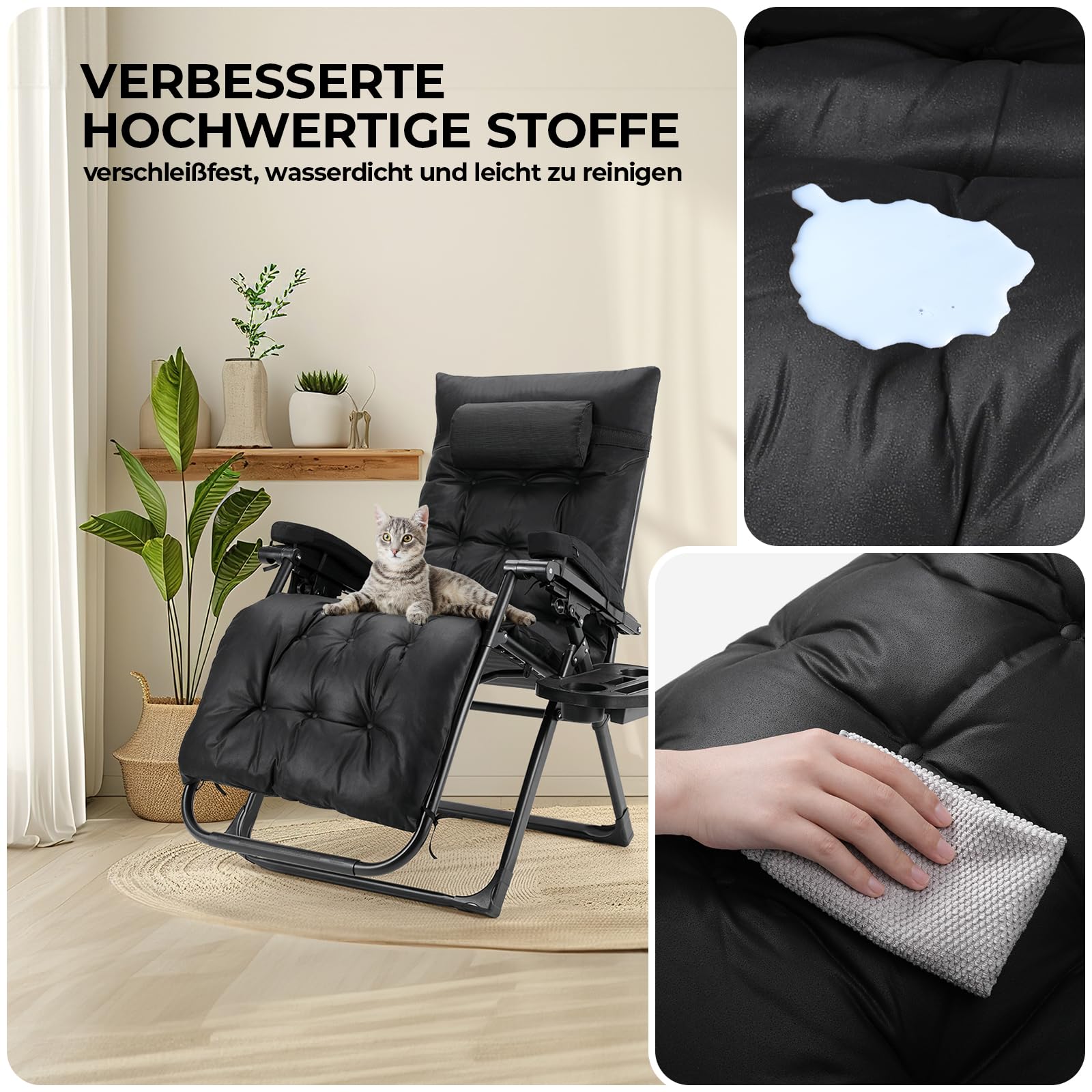 TLGREEN Sonnenliege Klappbar 2er Set, Verstellbare Gartenliege mit Auflage Wasserdicht Abnehmbare Kopfstütze Getränkehalter, Liegestuhl, Klappliege für Balkon, Schwarz