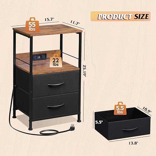 Miniatura 3 de WLIVE Mesita de noche con estación de carga, mesita de noche LED con 2 cajones de tela y estante abierto, cómoda pequeña para espacios pequeños,