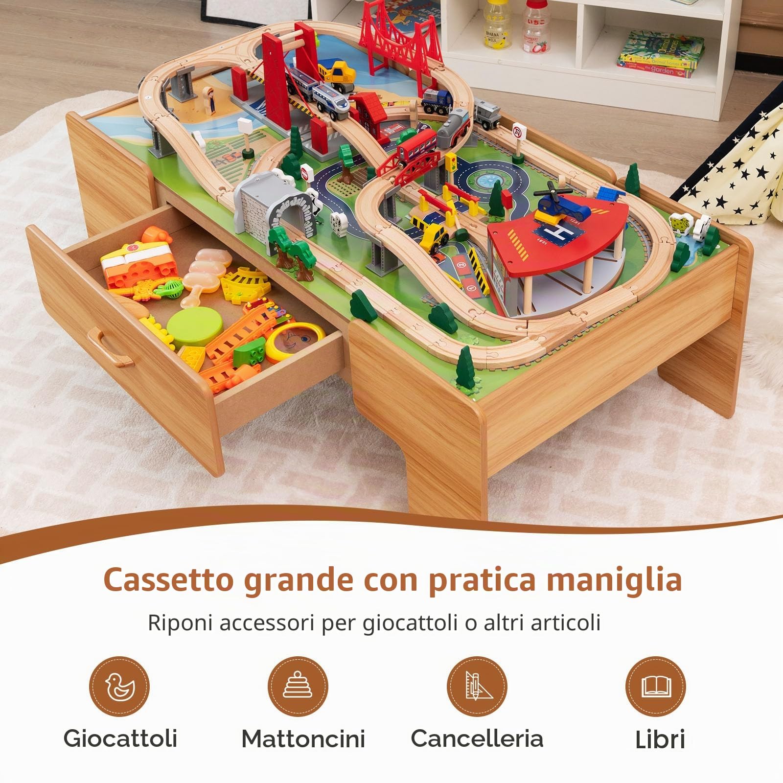 LIFEZEAL Tavolo da gioco con ferrovia in legno, set da 100 pezzi, in legno con cassetto, tavolo multifunzione per bambini 3 anni per giocare, fai da te, costruire (122 x 62,5 x 40 cm)