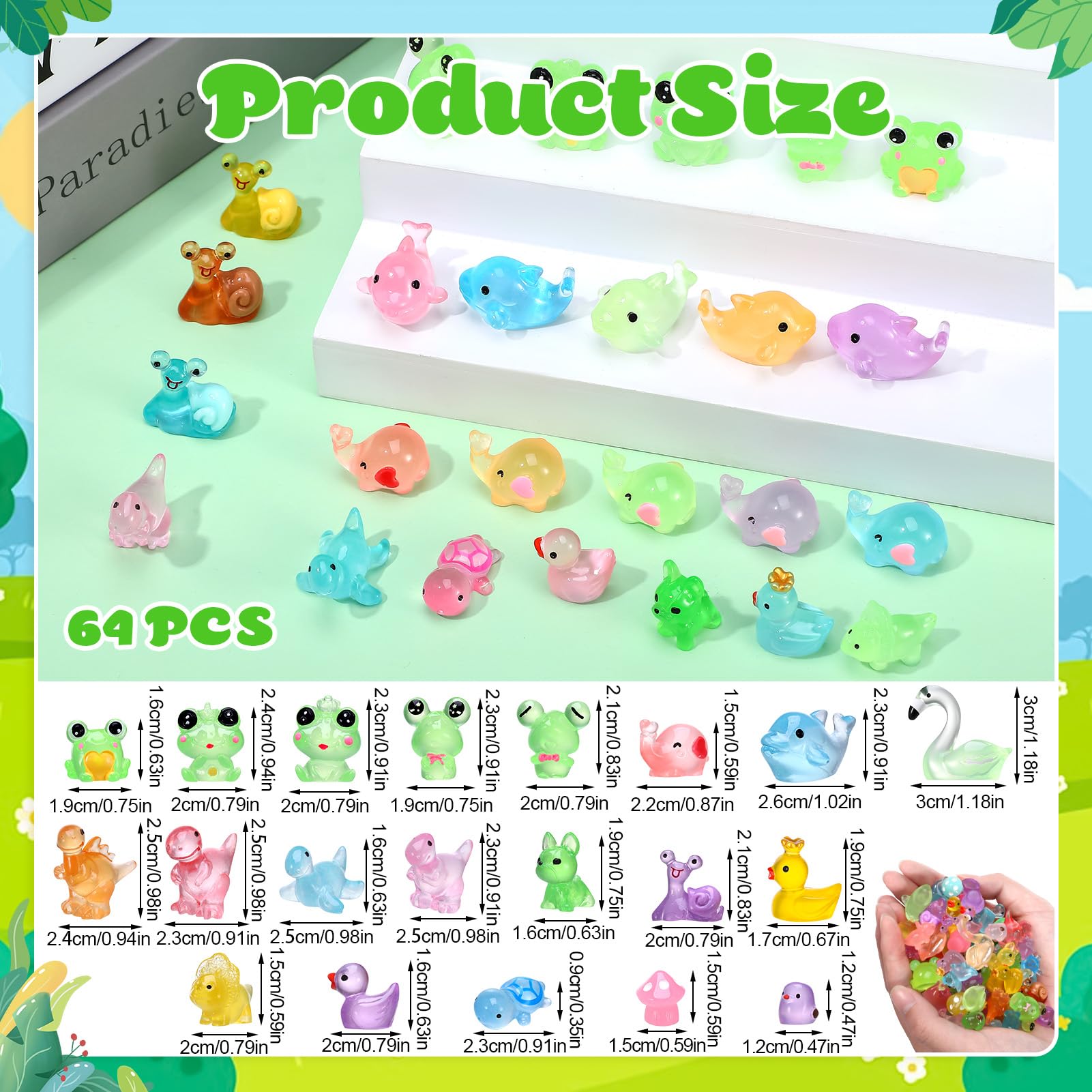 GSrenyu 64 Pcs Mini Resin Animals Luminous 20 Styles Mini Animals Colourful Miniature Figures for Garden Micro Landscape Dollhouse Aquarium Potted Decorations DIY Crafts - Image 2
