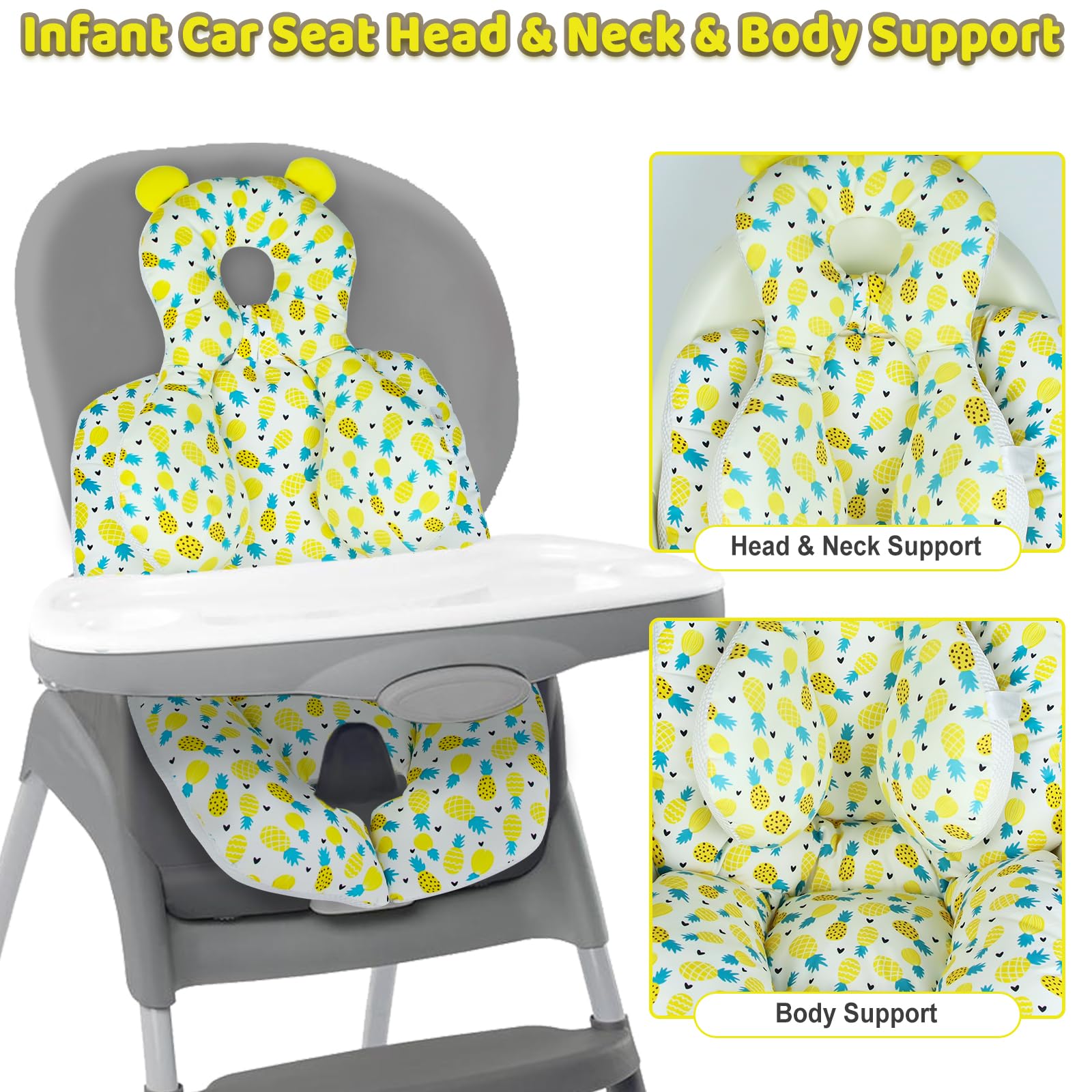 Infant Car Seat Insert with Extra Head Support, Soft Newborn Baby Carseat Head and Body Support, 2 in 1 Baby Car Seat Cushion for Strollers, Swings, Bassinets, and Bouncers (Pineapple)
