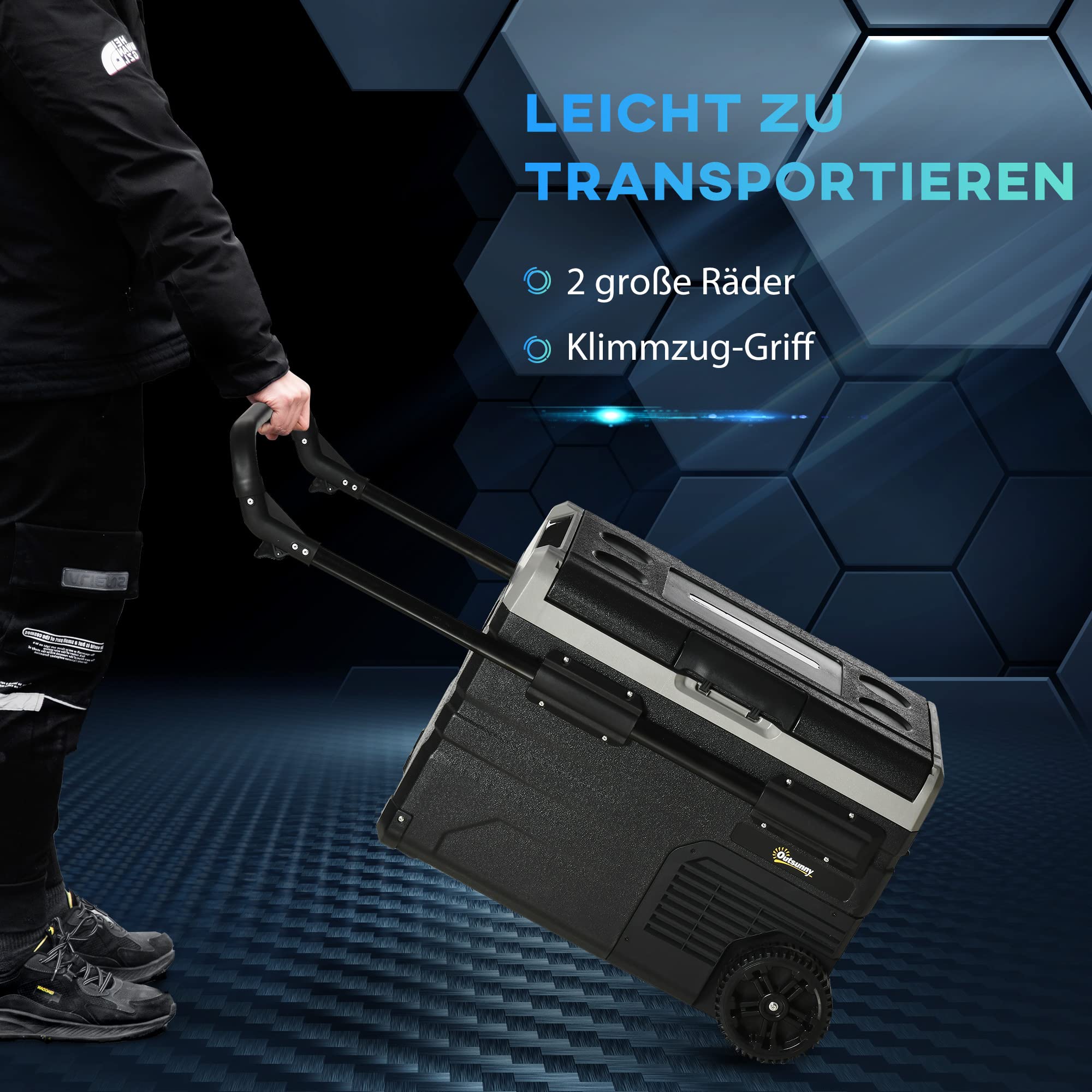 Outsunny lodówka samochodowa 40L z oświetleniem LED sprężarka lodówka samochodowa z uchwytami kółka transportowe boot camper podróżowanie 12/24V DC und 110–240V AC kolor szary+czarny