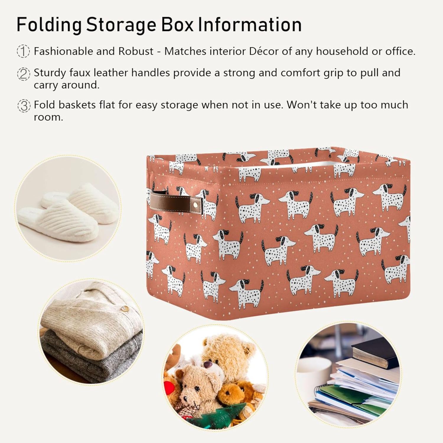 MNSRUU Storage Basket Dot Dog Collapsible Organizer Basket for Shelves with PU Handles, Decorative Waterproof Nursery Laundry Storage Cubes Bins, 2 Pack