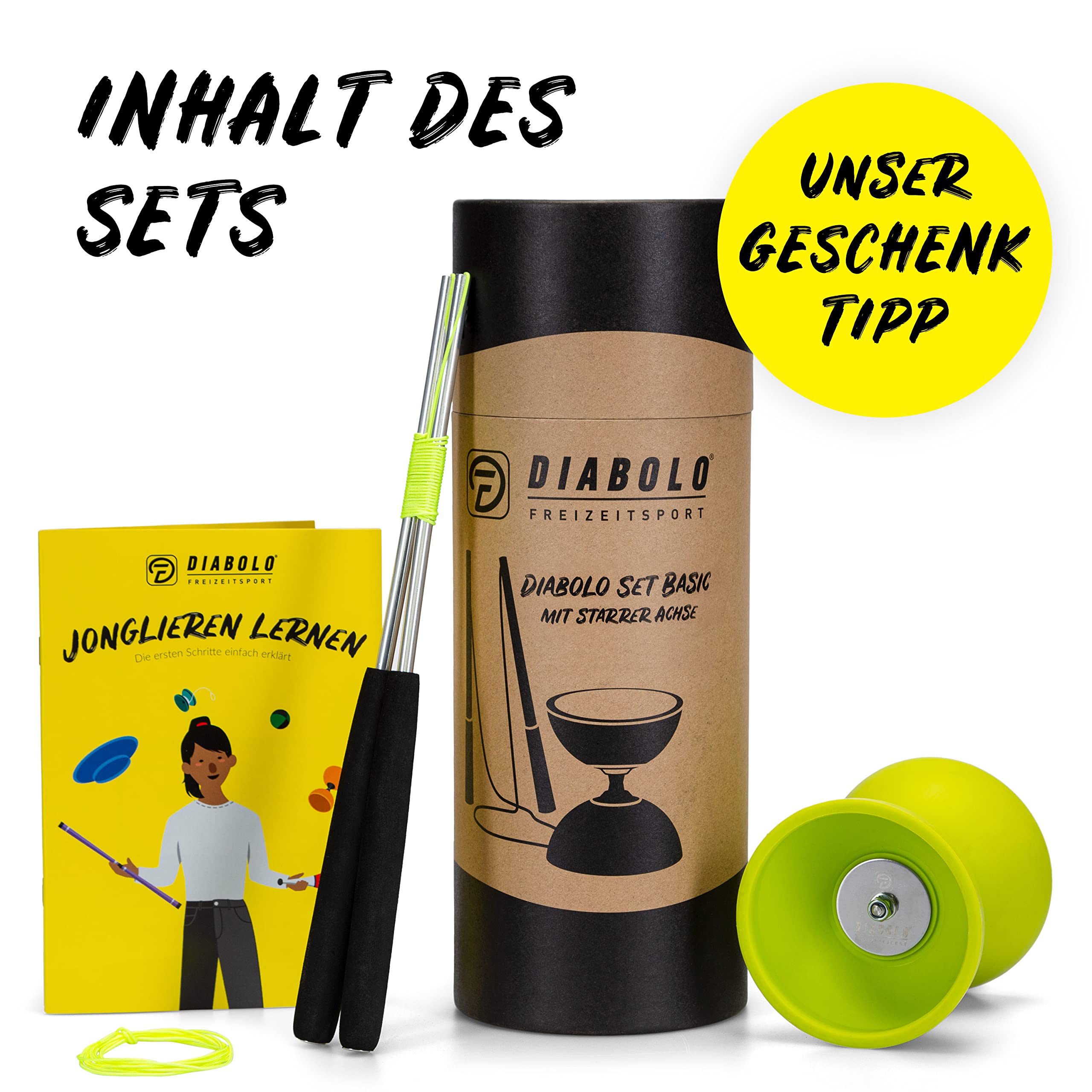 Diabolo Freizeitsport Set base di giocoleria con diabolo (verde chiaro), bastoncini in alluminio, corda di ricambio (160 cm) e istruzioni stampate, ideale come regalo per bambini, principianti e