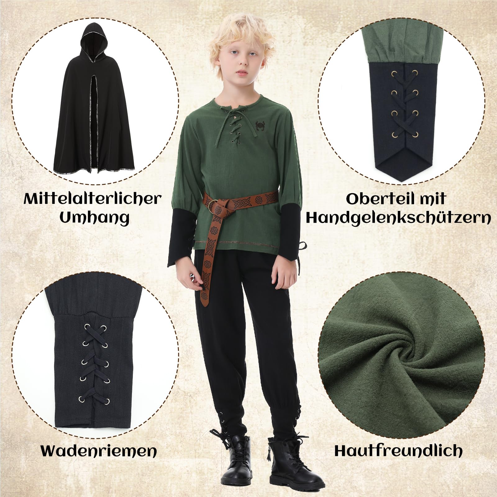 Ezuwail Costume da vichingo medievale per bambini, rinascimentale, per Halloween, Fiera di Ren