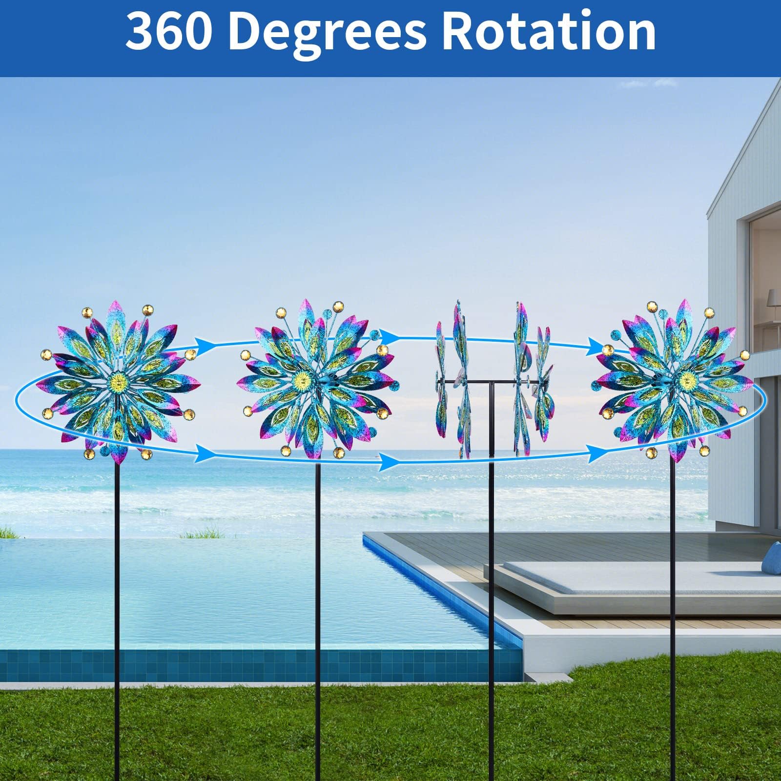 Girandola a vento per cortile e giardino, mulino a vento da esterno in metallo, scultura cinetica a vento bidirezionale con rotazione a 360 gradi per decorazione di cortile, patio e prato, 154 cm