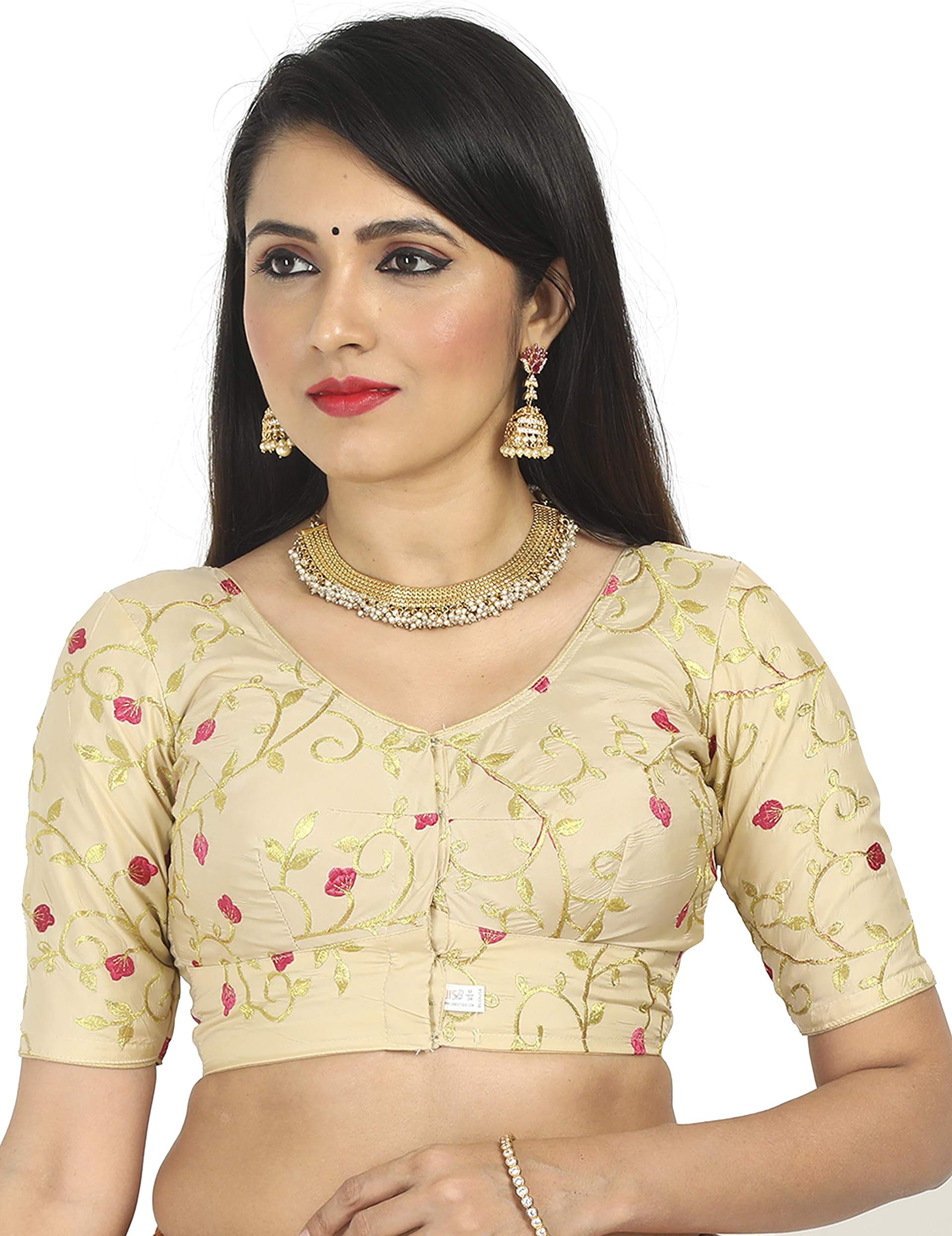 JISB Women's Silk Cotton Stitched All Over embrodered Saree Blouse with Short Sleeve