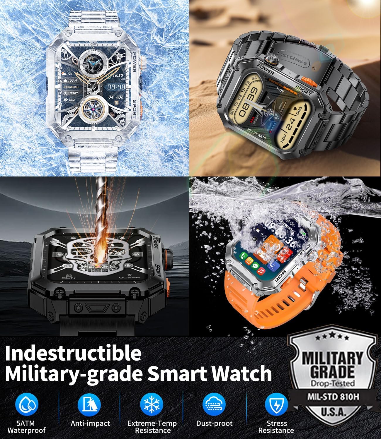 LIGE Smart Watch highlighting military-grade durability and 5ATM waterproof rating