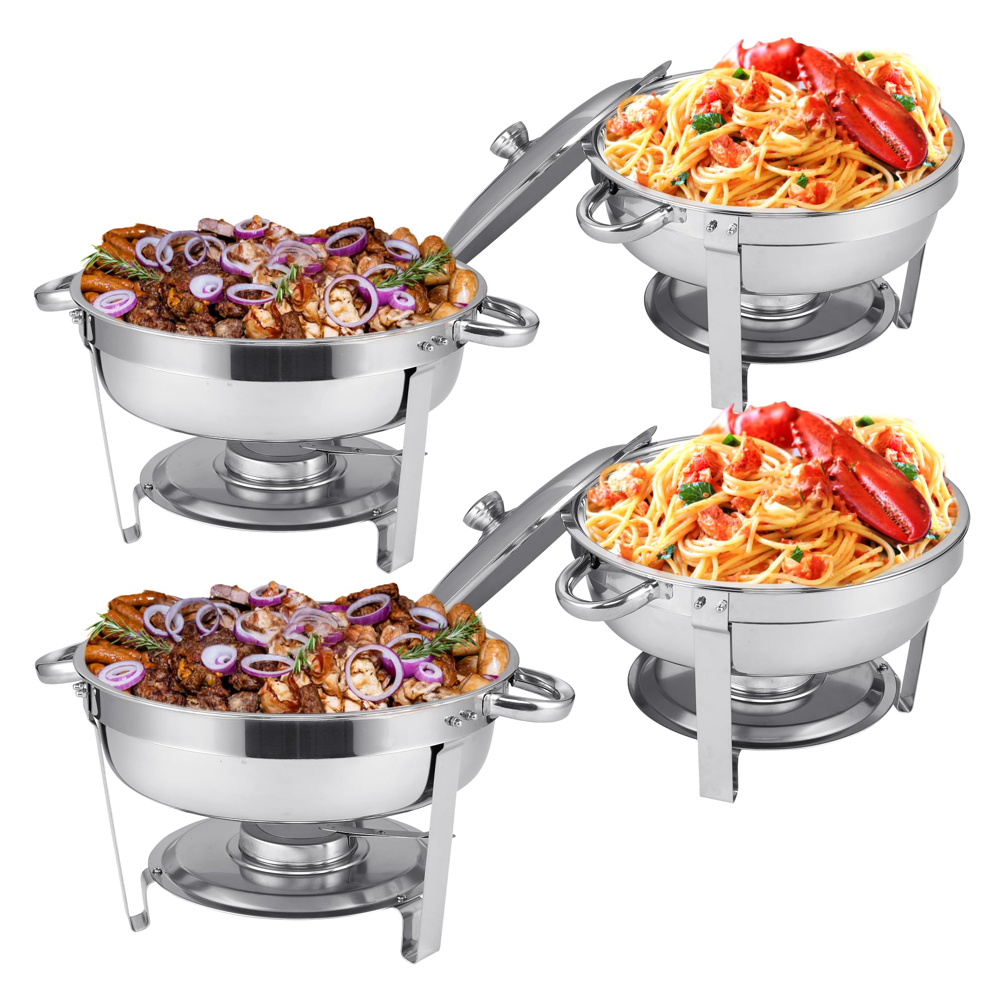 HSDYGDE 4 Packs Chafing Dish Buffet Set?5QT Round Stainless Steel Chafers and Buffet Warmers with Water Pan, Food Pan, Fuel Holder and Lid for Event Party Wedding Banquet