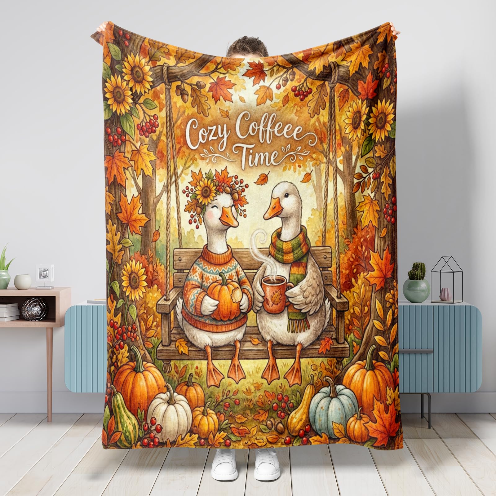 Couverture d'oie d'automne grand plaid citrouille et jeté de lit forêt pour salon et voyage