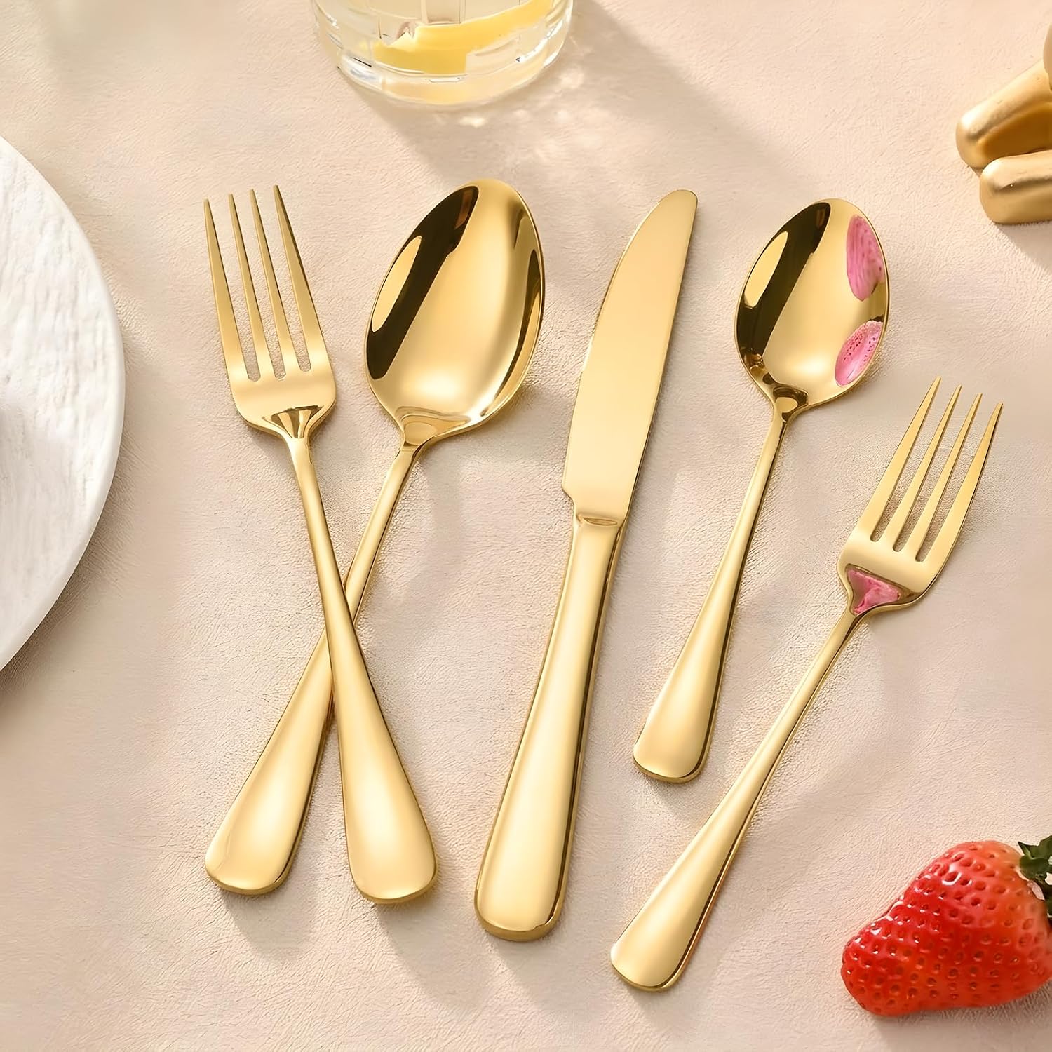 SIAKA 10-Piece Gold Silverware Set, Stainless Steel Flatware Set Service for 2, Food Grade Cutlery Utensil Set for Home Restaurant, Include Knife Forks Spoons Set, Mirror Polished Dishwasher Safe image 3