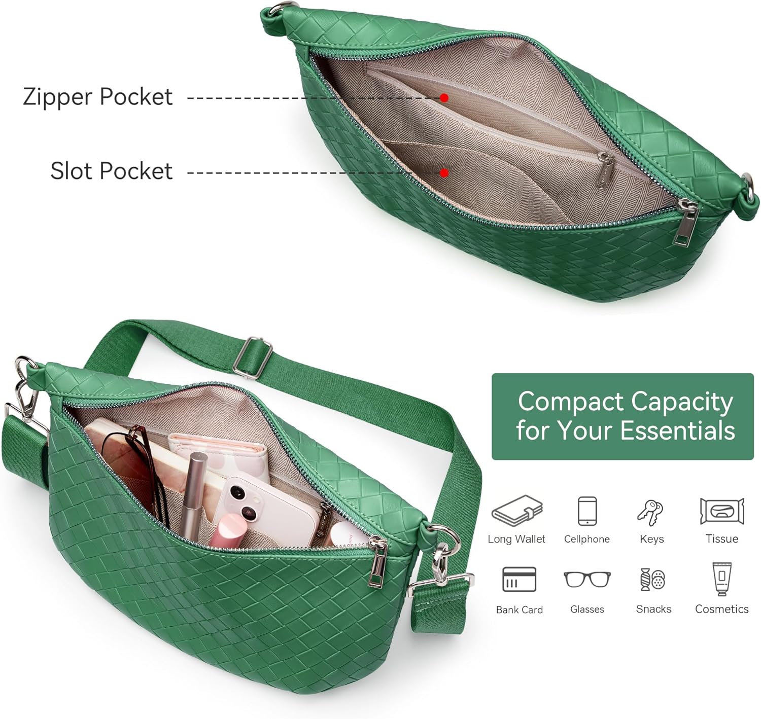 KALIDI Woven Crossbody Bags for Women Travel Vegan Leather Fanny Packs for Woman Cross Body Purse Fashion Belt Bum Bag with Wide Strap
