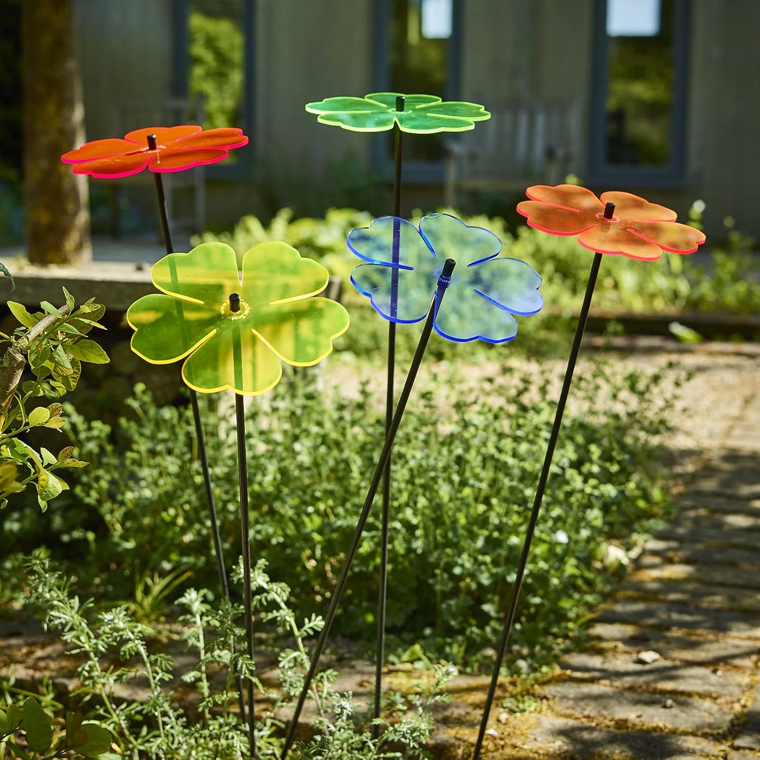 Set of 5 Large Double Blossoms Sun Catcher Garden Decor Ornamental Stakes 75cm - Image 3