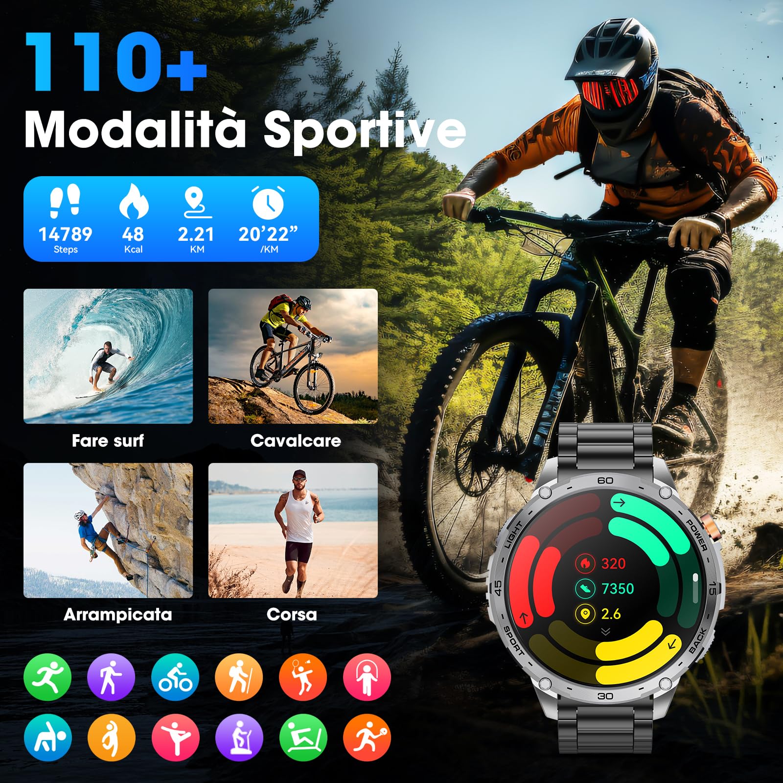 Smartwatch Uomo 1.75" HD AMOLED 730mAh Orologio Smartwatch con Torcia LED Militare Smartwatch Compatibile iOS Android (Risposta alle Chiamate Bluetooth) Smart Watch con Sonno/Cardiofrequenzimetro