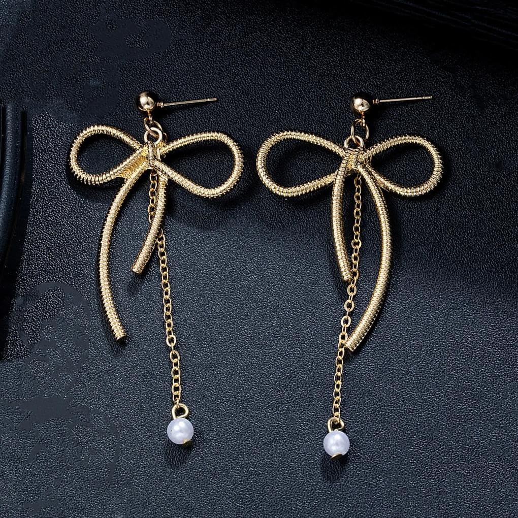 Vintage Gold Bow Pearls Drop Dangle Earrings for Women,Dainty Aesthetic Geometric Bowknot Pearl Statement Earring,Unique Jewelry Accessories Gifts - Image 5