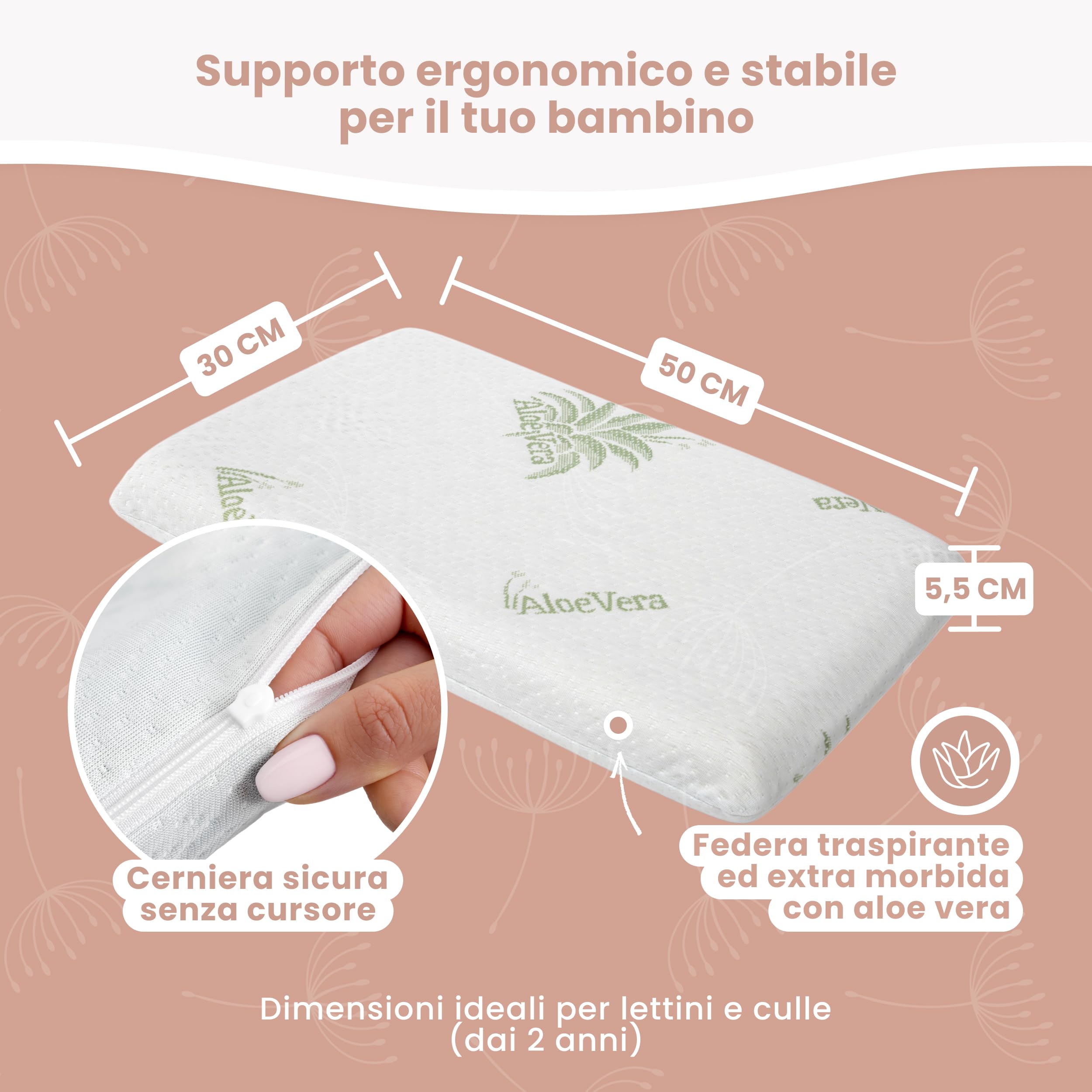 MIMUSELINA Cuscino Memory Foam Bambini 50x30x5,5 cm | Cuscino Antisoffoco Neonato in Schiuma Viscoelastica Traspirabile | Cuscini letto e Culla con Rivestimento Aloe Vera Sfoderabile e Lavabile