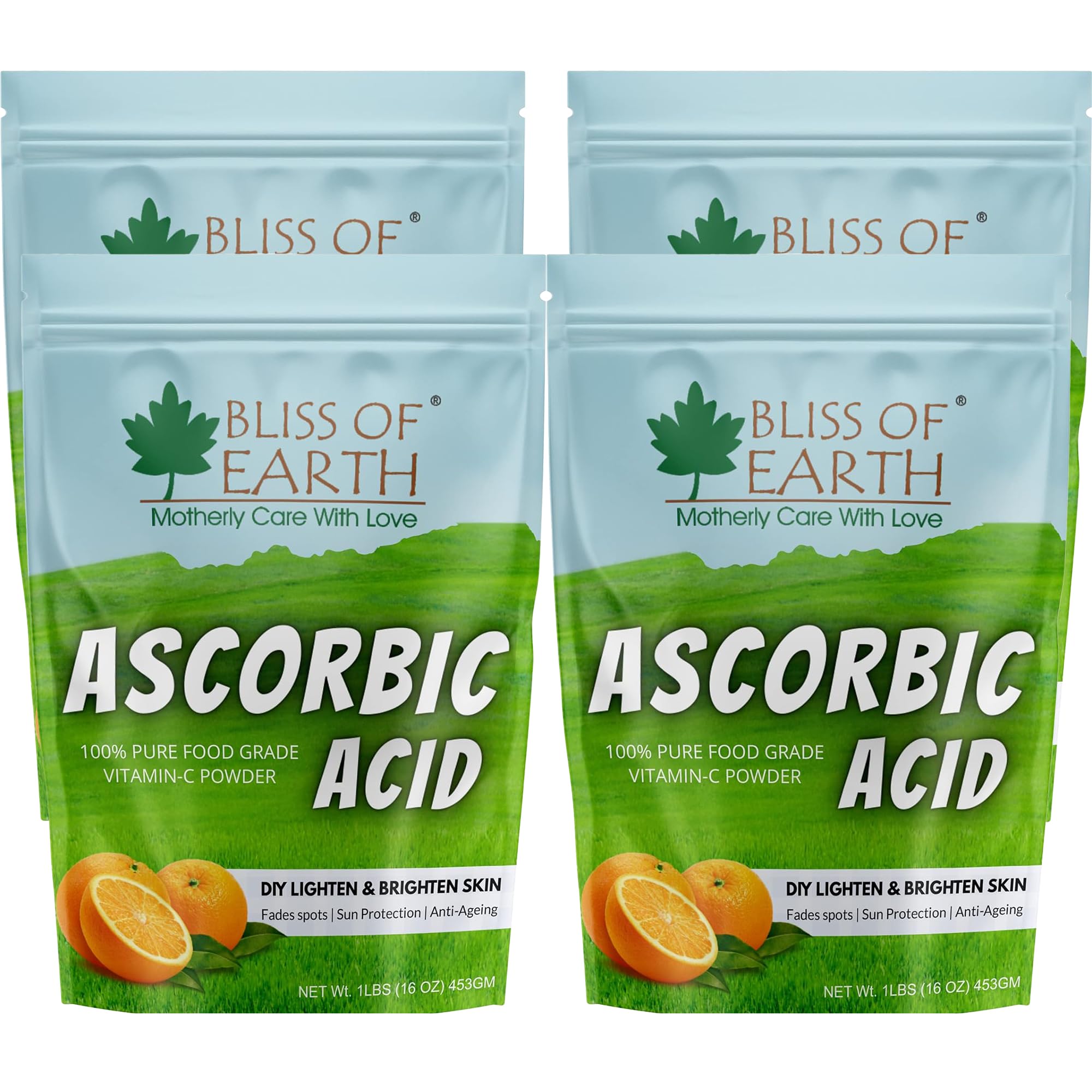 Bliss of Earth 4x16 oz Ascorbic Acid Powder Pure Food Grade Vitamin-C Rich Powder For Skin,face, Cosmetic & DIY Products 4x453GM