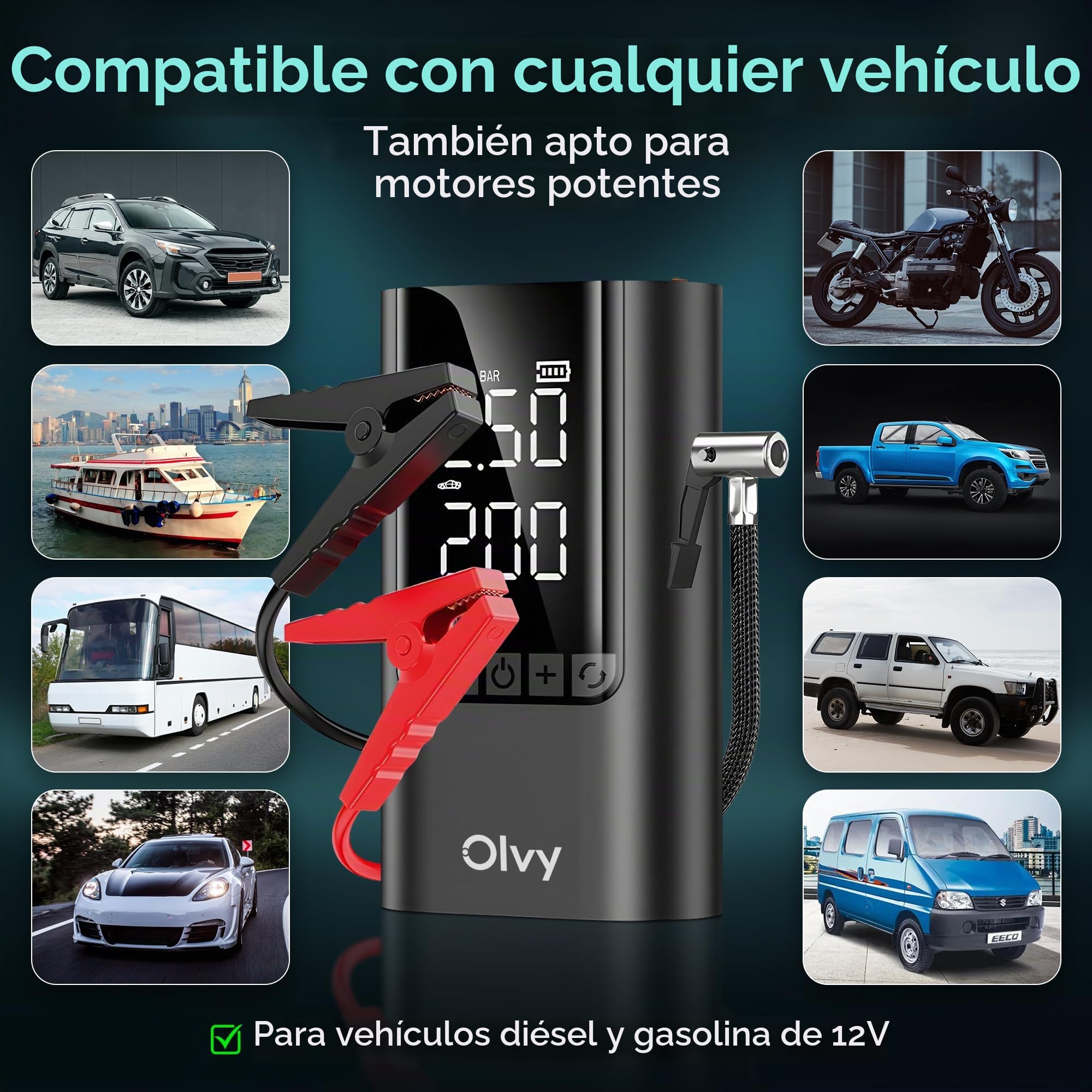 Arrancador portátil Olvy 4 en 1 con compresor de Aire, 1500 A de Potencia máxima, batería Externa de 12 000 mAh, protección Inteligente, luz LED, Pantalla Digital, Compacto para vehículos de Gasolina