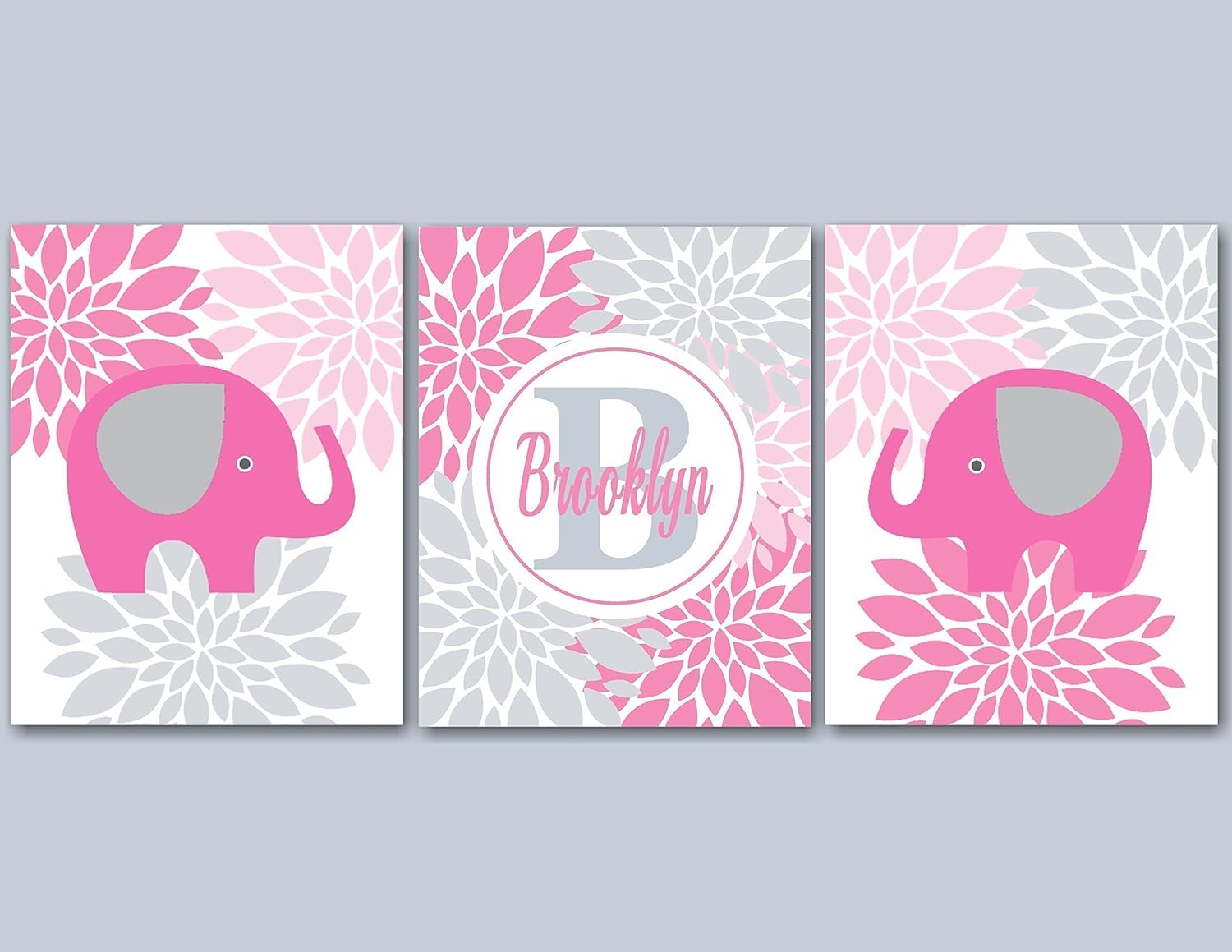 Pink Gray Elephant Nursery Wall Art,Girl Elephant Wall Art